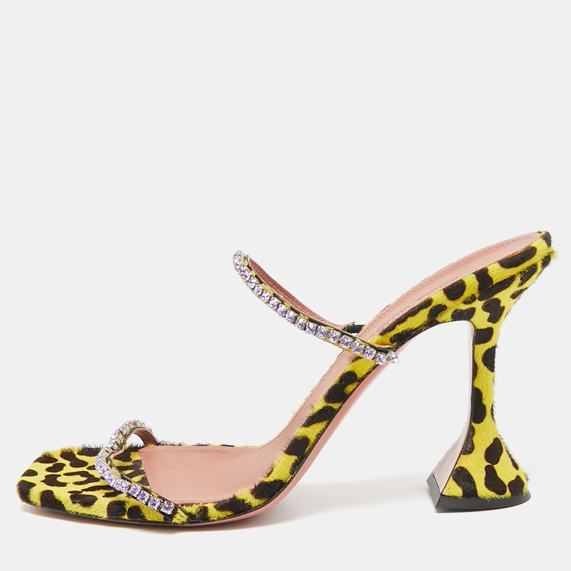 Amina Muaddi Yellow/Black Calf Hair and Leather Gilda Slide Sandals Size 39.5