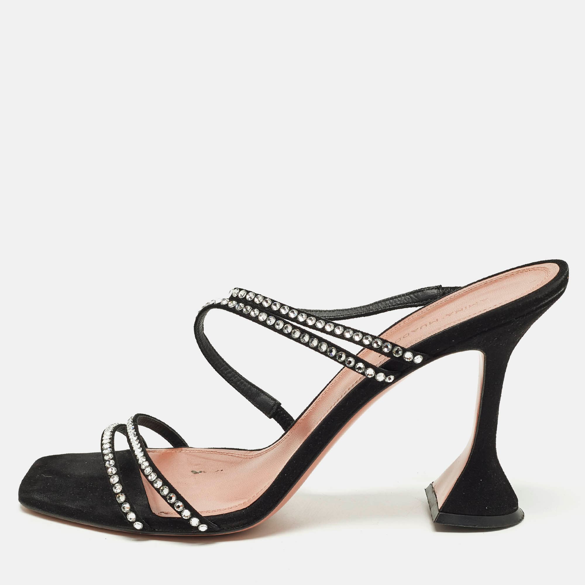 Amina Muaddi Gilda Size 42 Black Suede Crystal Embellished Slide Sandals