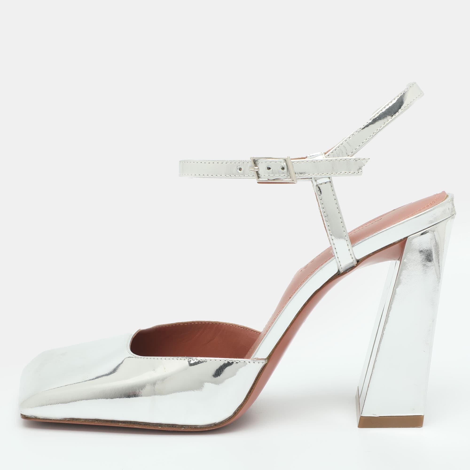 Amina Muaddi Charlotte Size 37.5 Silver Metallic Leather Pumps