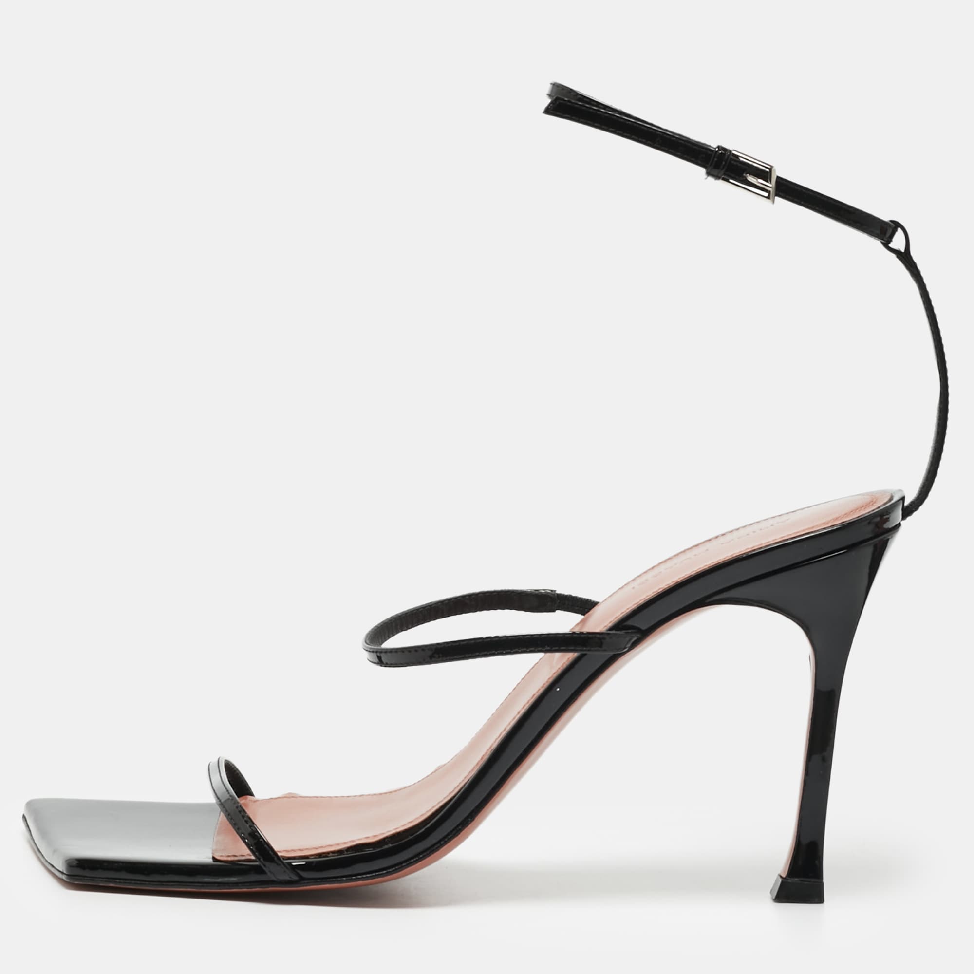 Amina Muaddi Maya Size 40 Black Patent Leather Ankle Strap Sandals