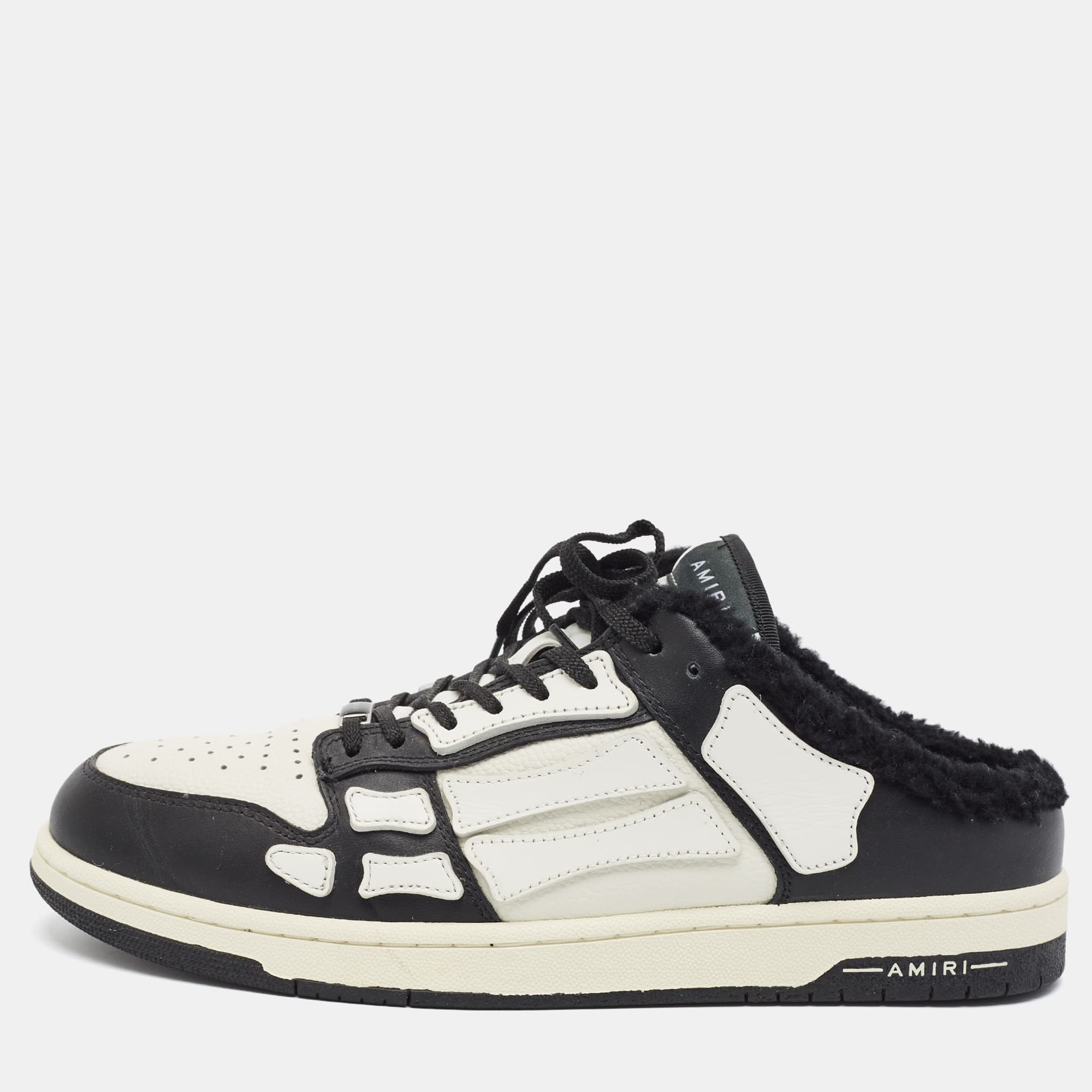 Amiri Skel Size 46 White/Black Leather and Shearling Low Top Sneakers