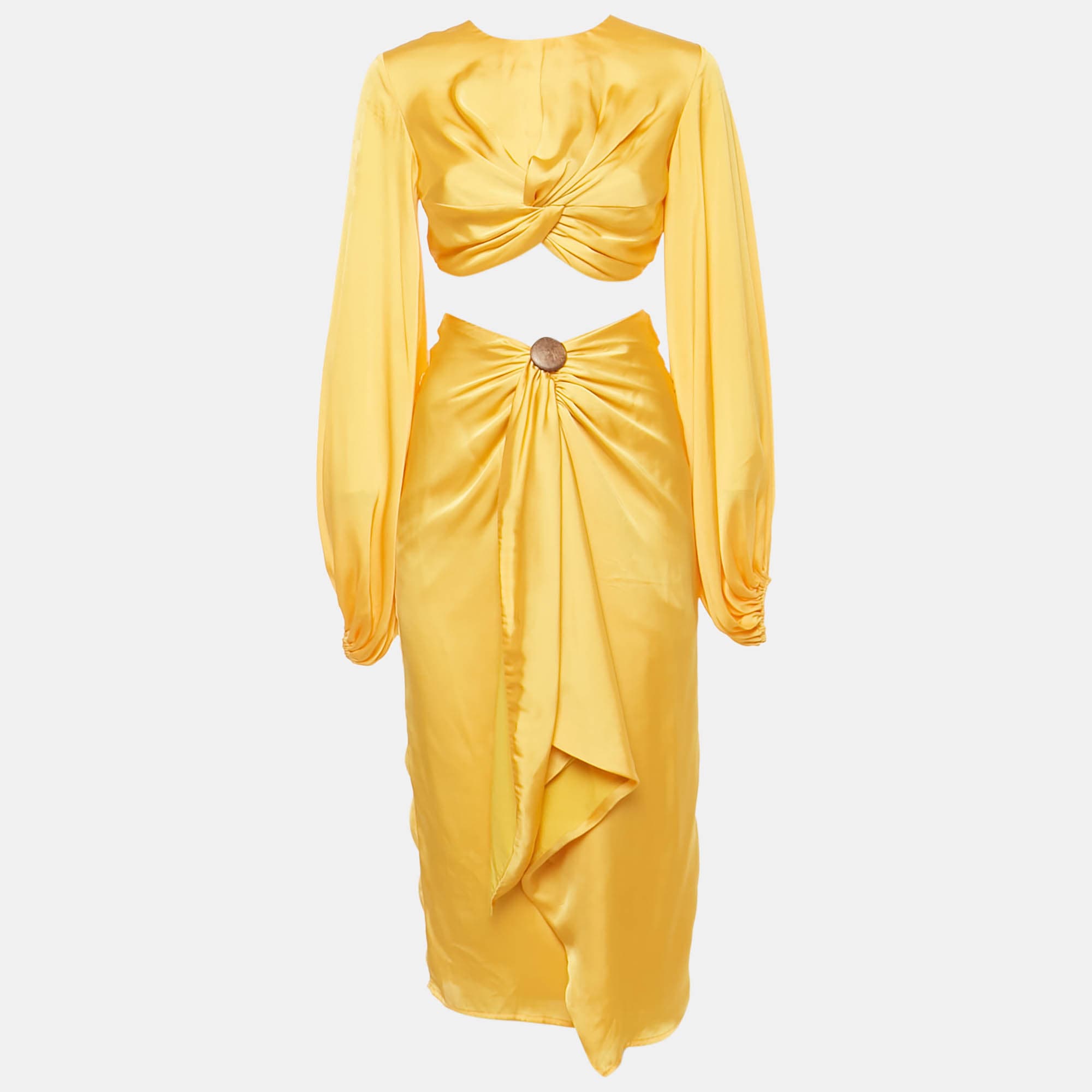 Andrea Iyamah Yellow Satin Draped Behati Crop Top and Skirt Set XS