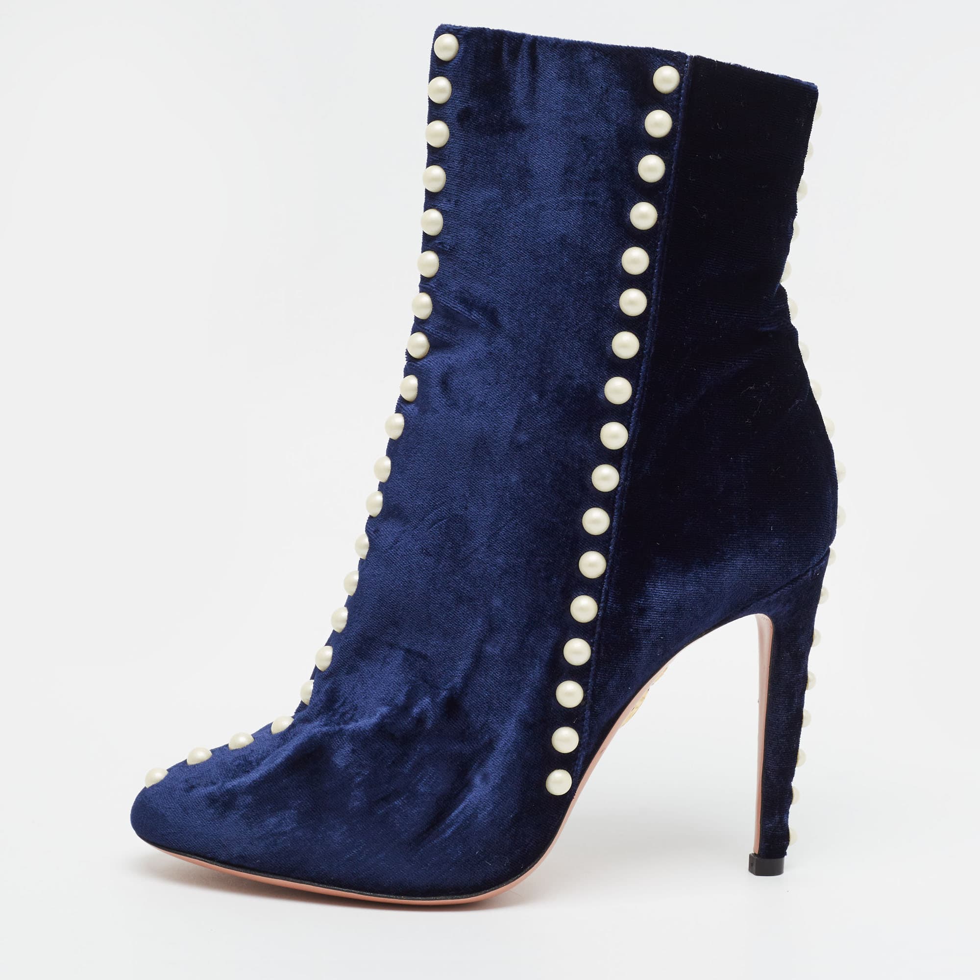 Aquazzura Follie Pearls Size 38 Navy Blue Velvet Ankle Length Boots