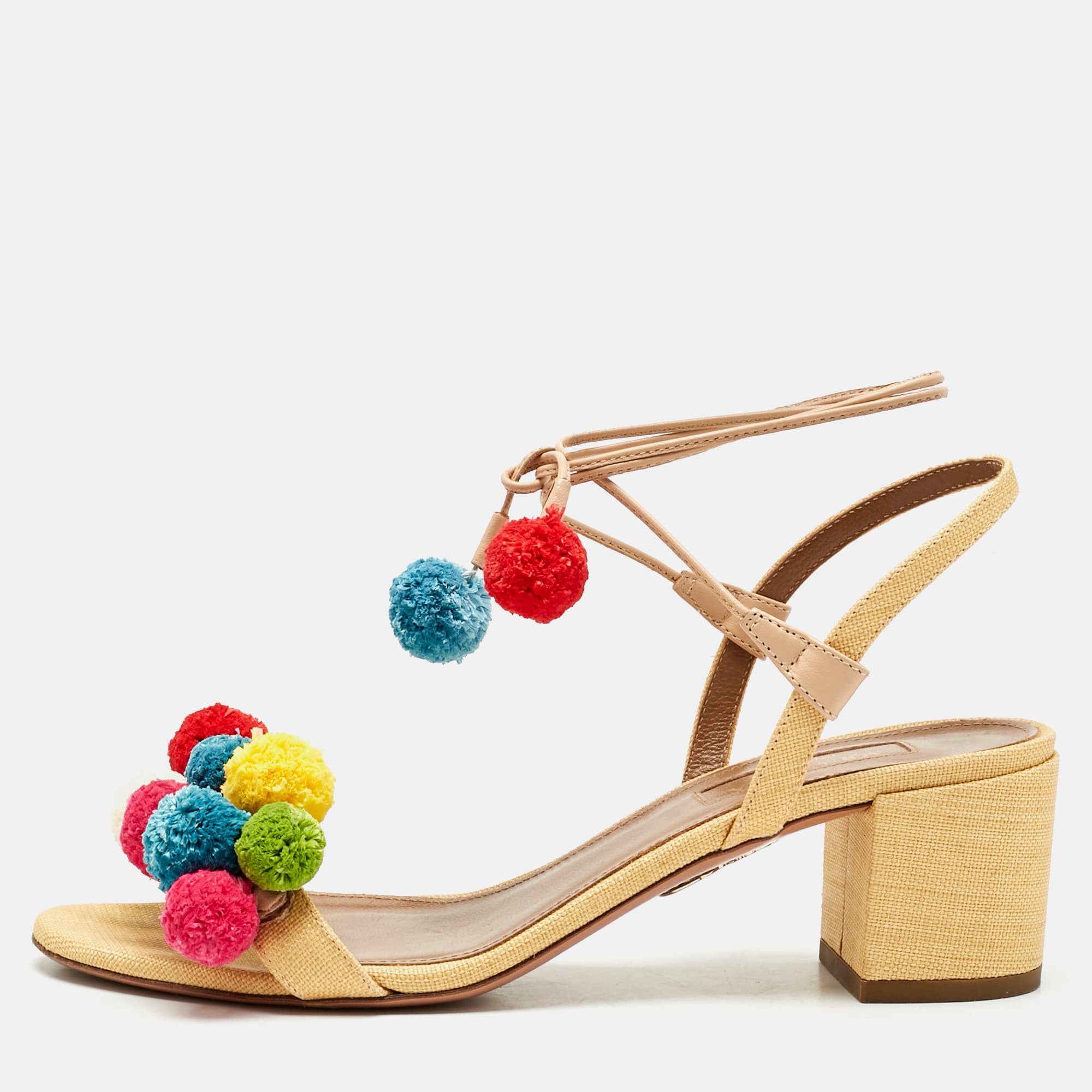 Aquazzura Multicolor Raffia Pom Pom Thong Ankle Tie Sandals Size 37