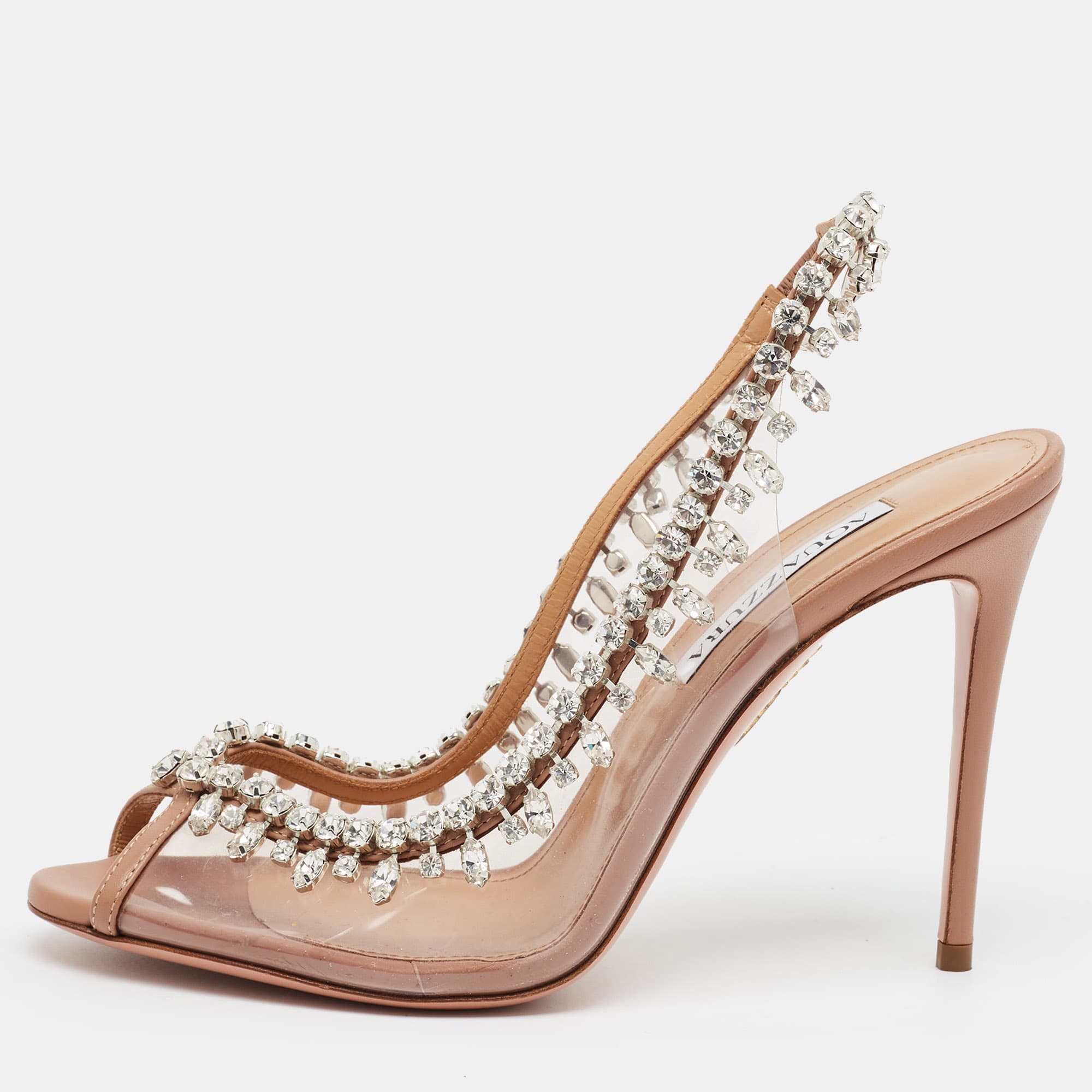 Aquazzura Temptation Size 38 Beige/Transparent Leather and PVC Slingback Sandals