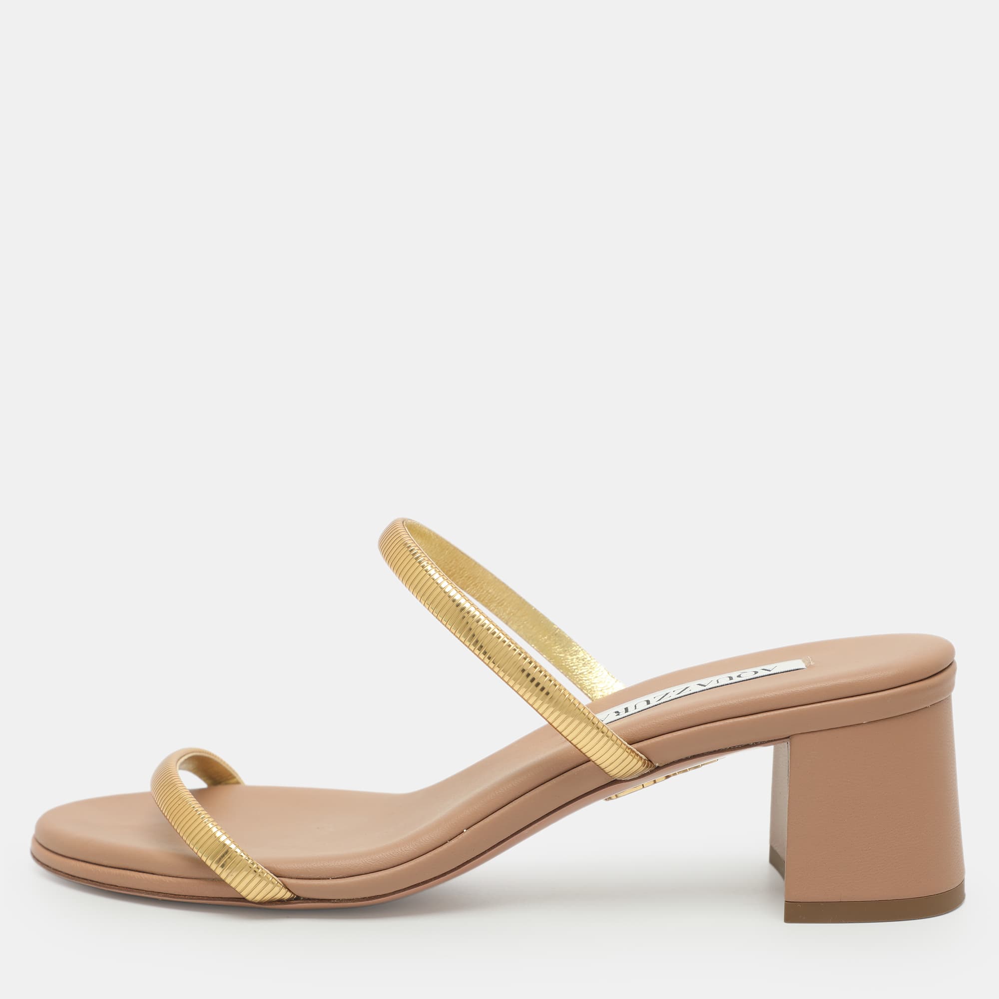 Aquazzura Size 36.5 Gold Strap Leather Slide Sandals