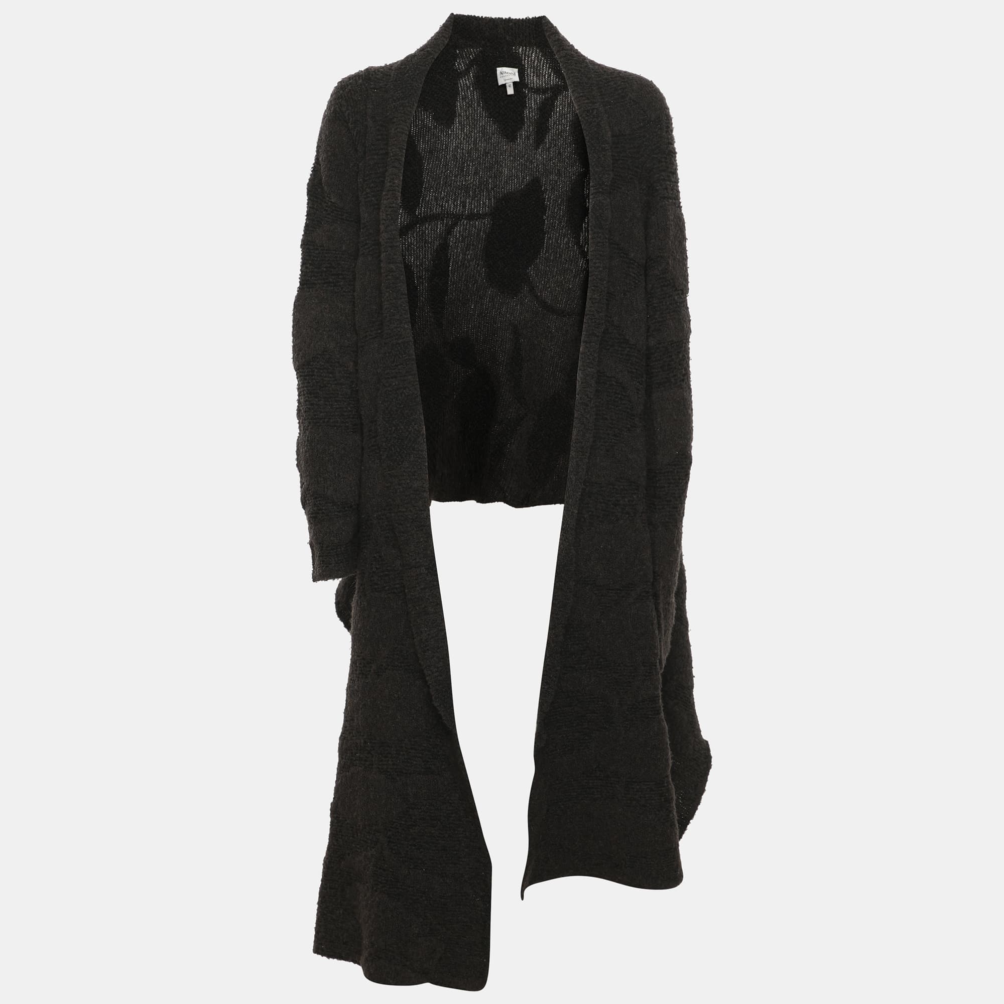 Armani Collezioni Dark Grey Boucle Wool Blend Open Cardigan M