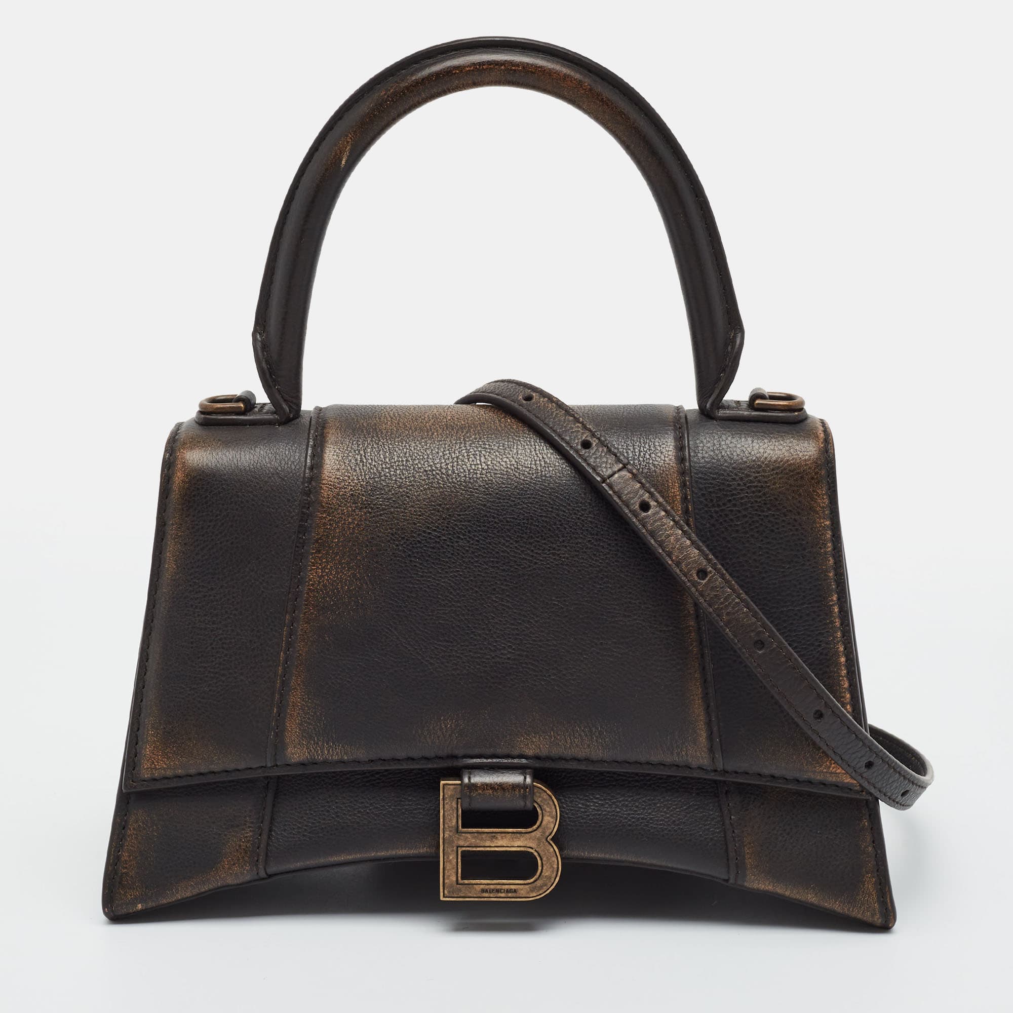 Balenciaga Hourglass Small Two Tone Brown Leather Top Handle Bag