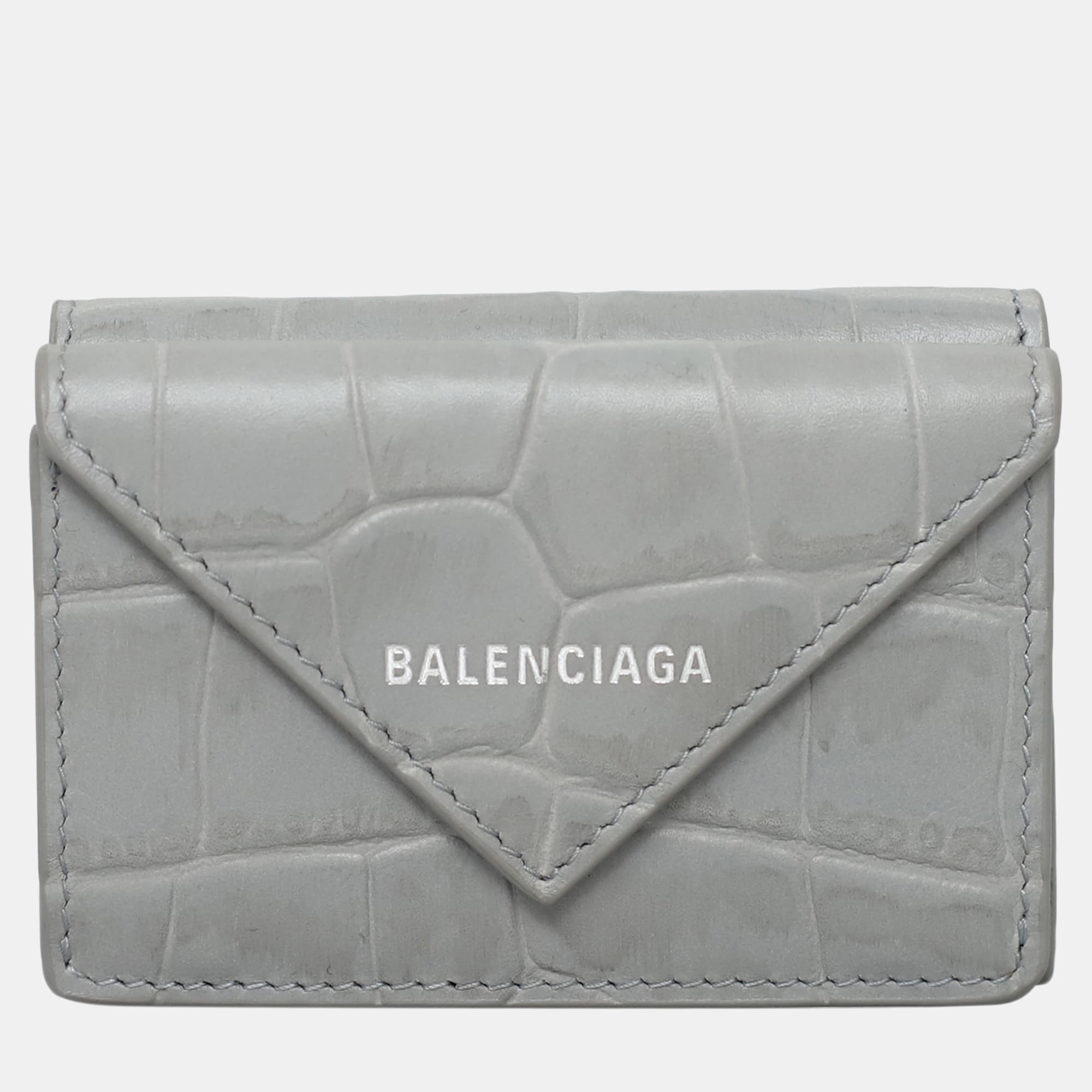 Balenciaga Papier Mini Wallet Light Grey Crocodile Embossed Leather Small Wallet