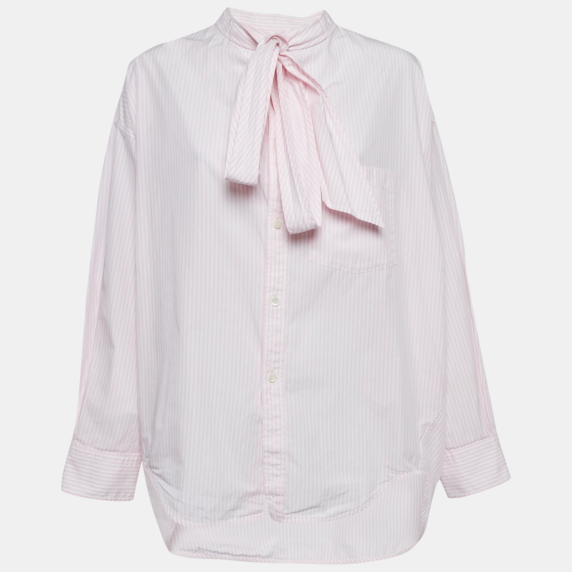 Balenciaga Pink/White Stripe Cotton Neck Tie Detail Oversized Shirt S