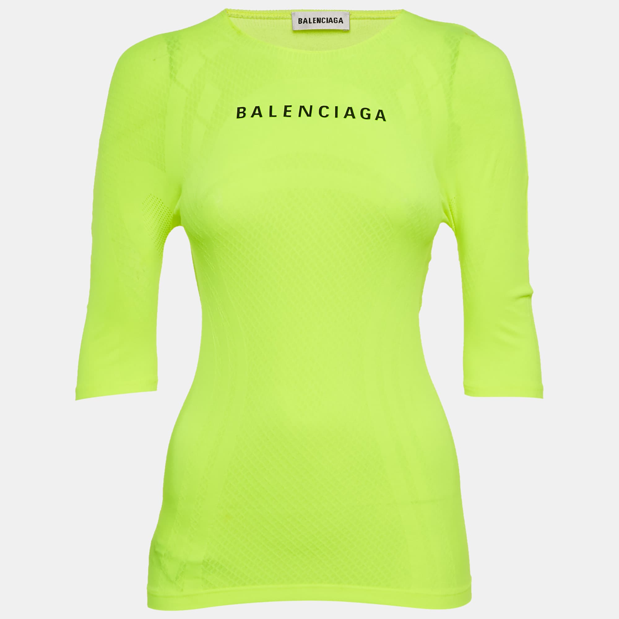 Balenciaga Acid Green Logo Print Mesh Jersey Fitted Top S