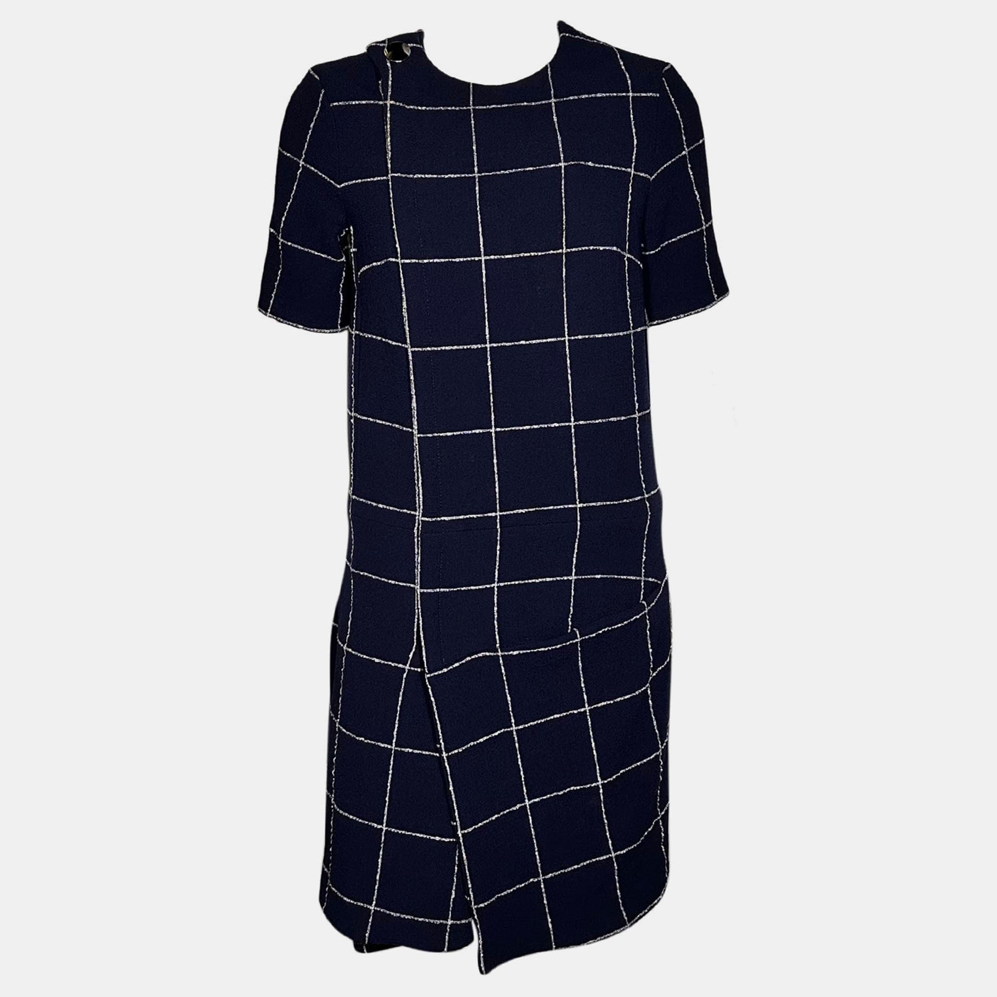 Balenciaga Cotton Navy Blue Checkered Dress XS