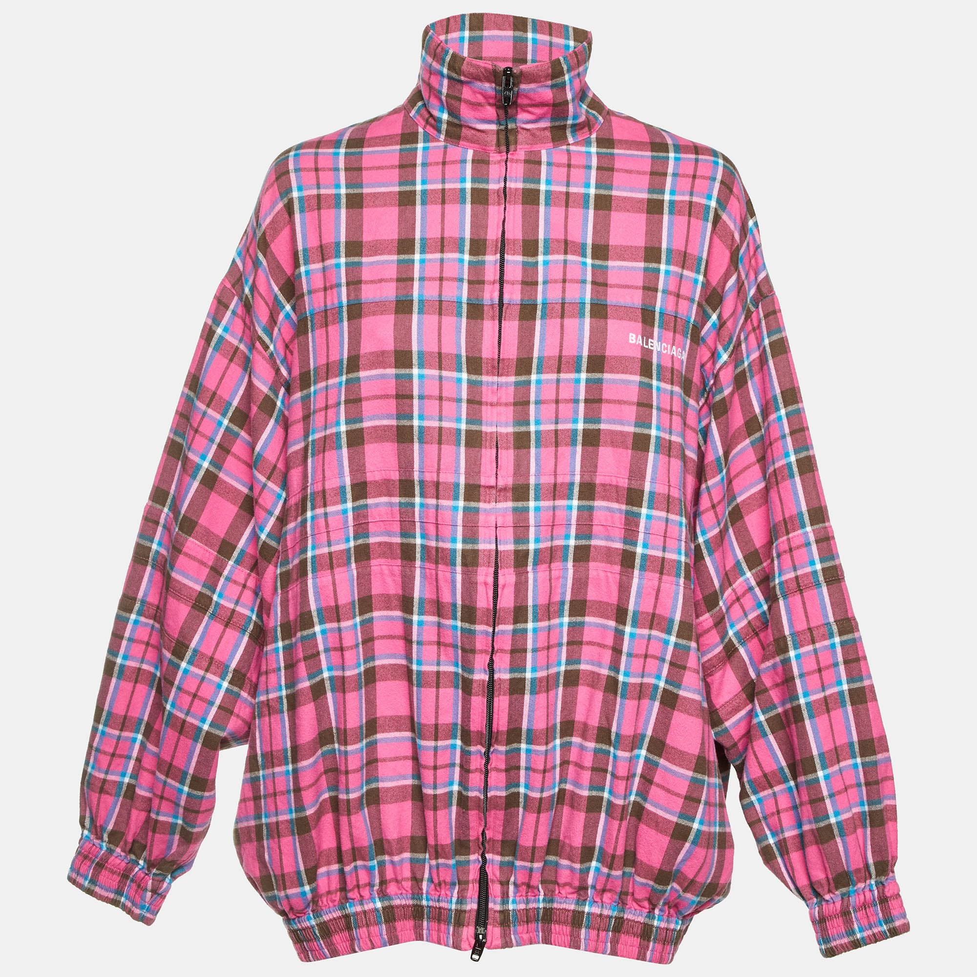 Balenciaga Pink Plaid Flannel Oversized Zip Up Jacket M