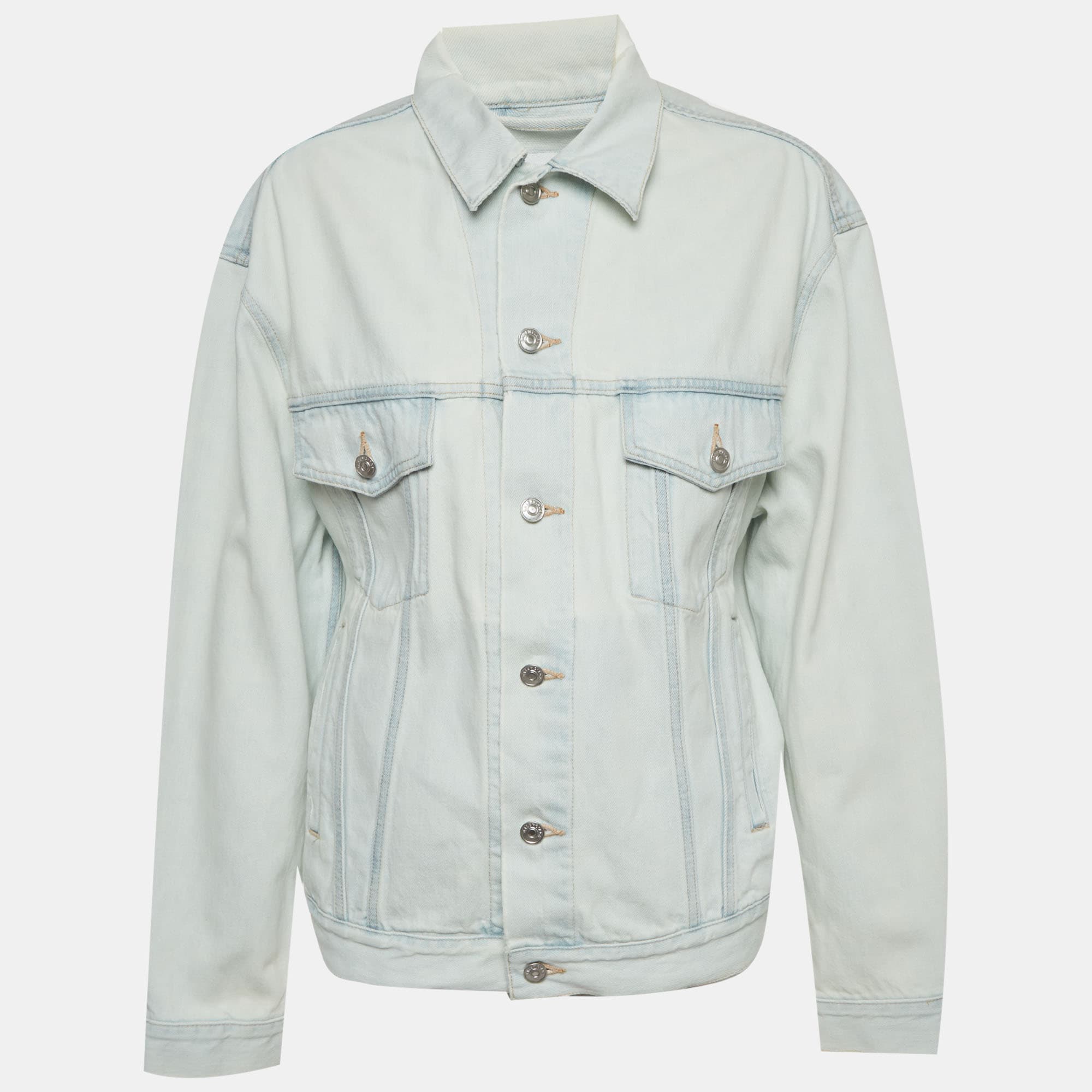 Balenciaga Blue Logo Detail Light Washed Denim Jacket S