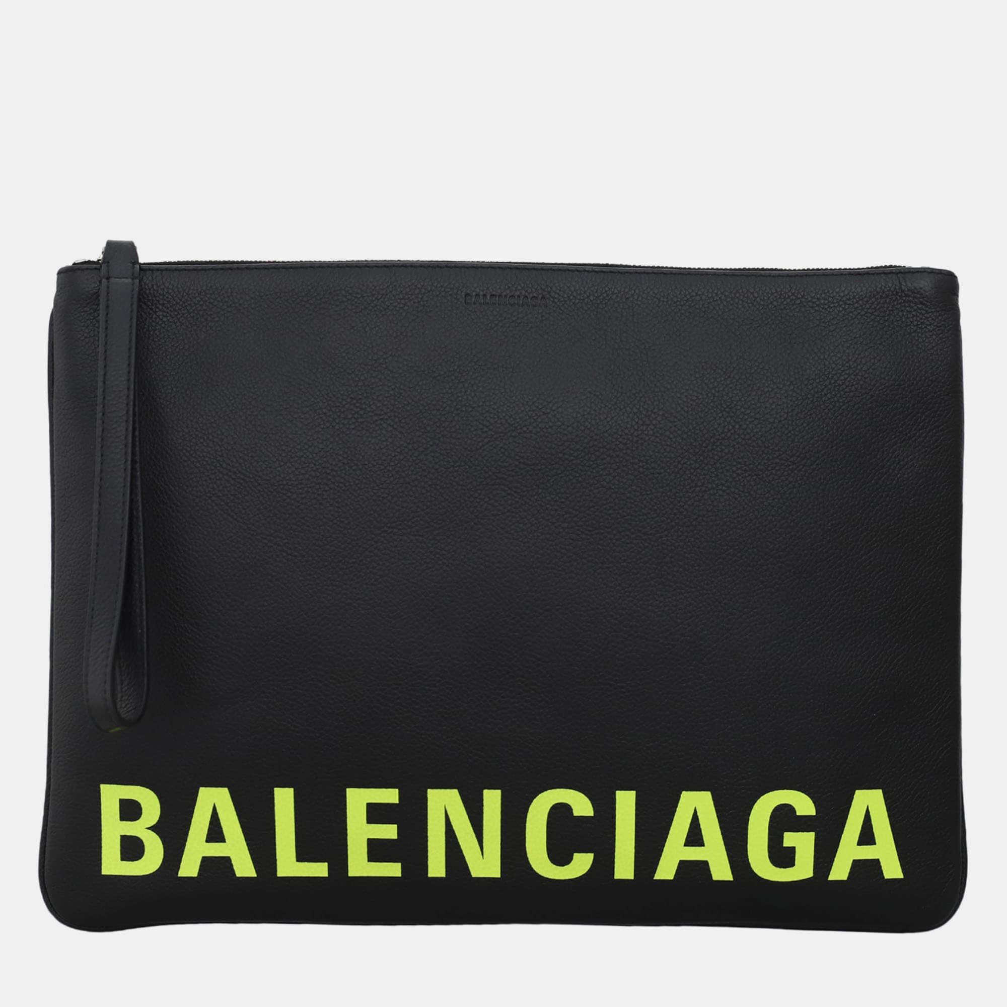 Balenciaga Large Black Grained Leather Wristlet Clutch Bag