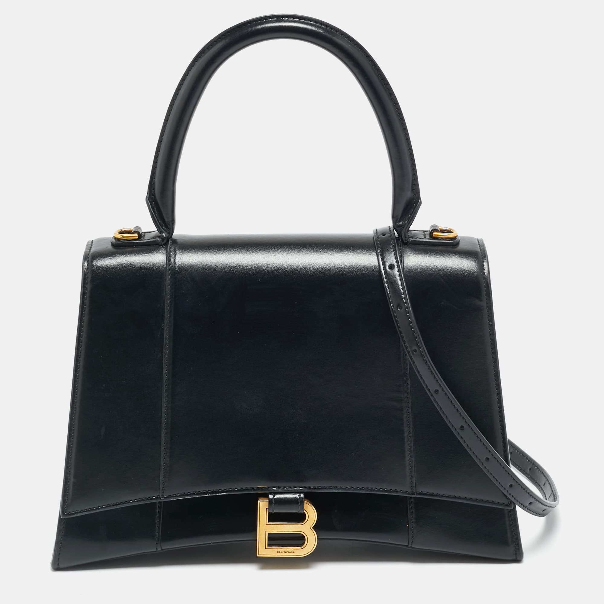 Balenciaga Hourglass Medium Black Leather Top Handle Bag