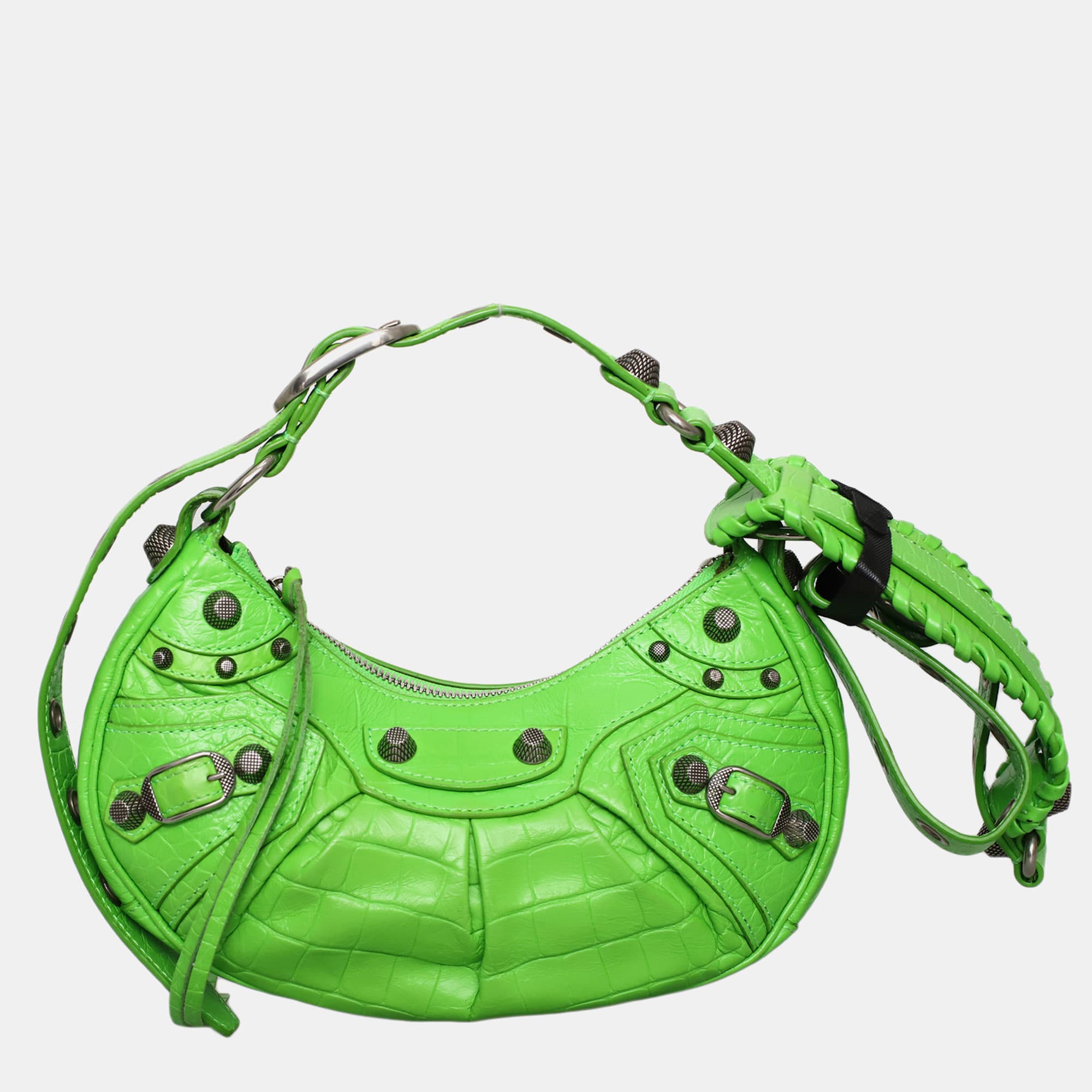 Balenciaga Le Cagole XS Green Croc-Embossed Leather Shoulder Bag
