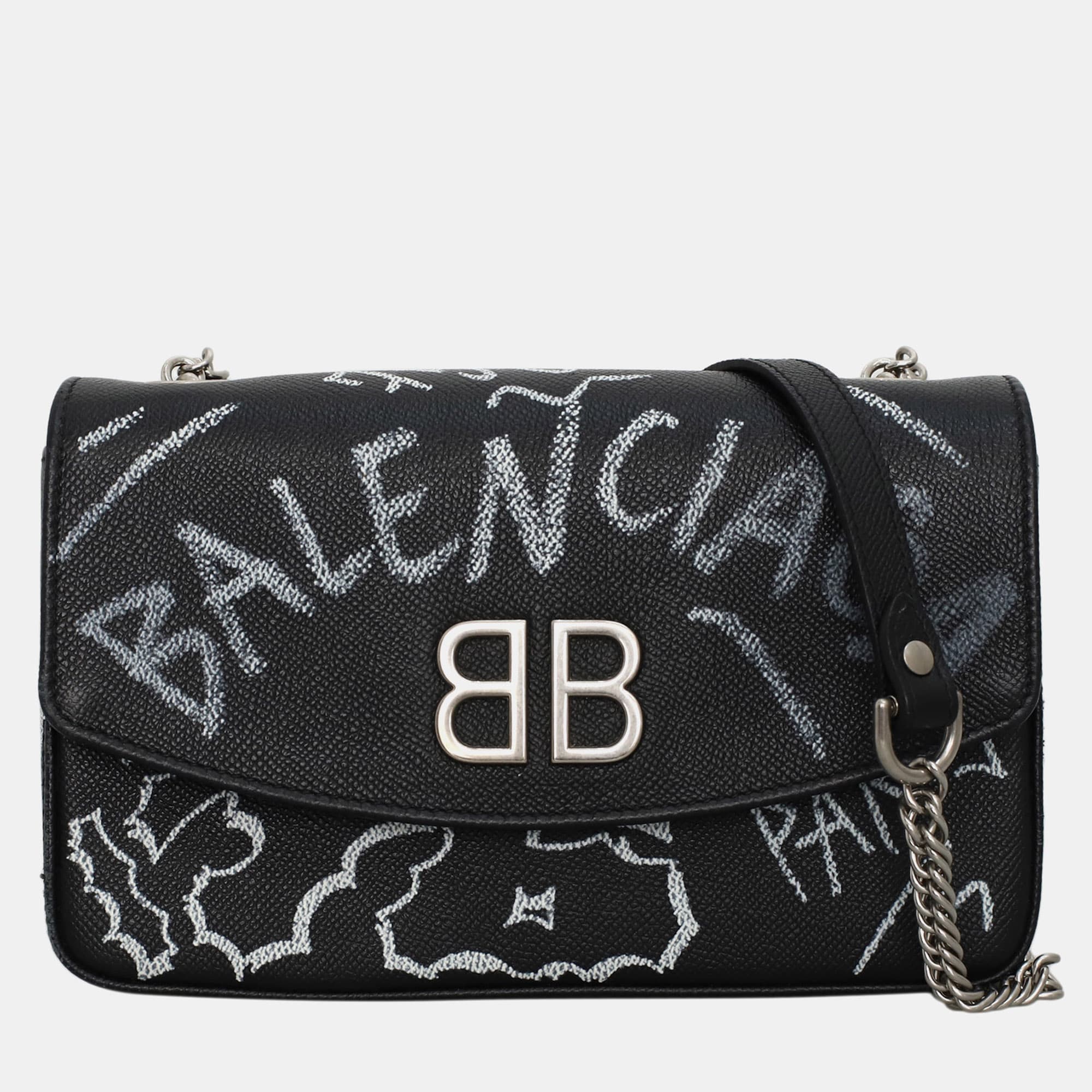 Balenciaga BB Round Medium Graffiti Logo Black Leather Shoulder Bag
