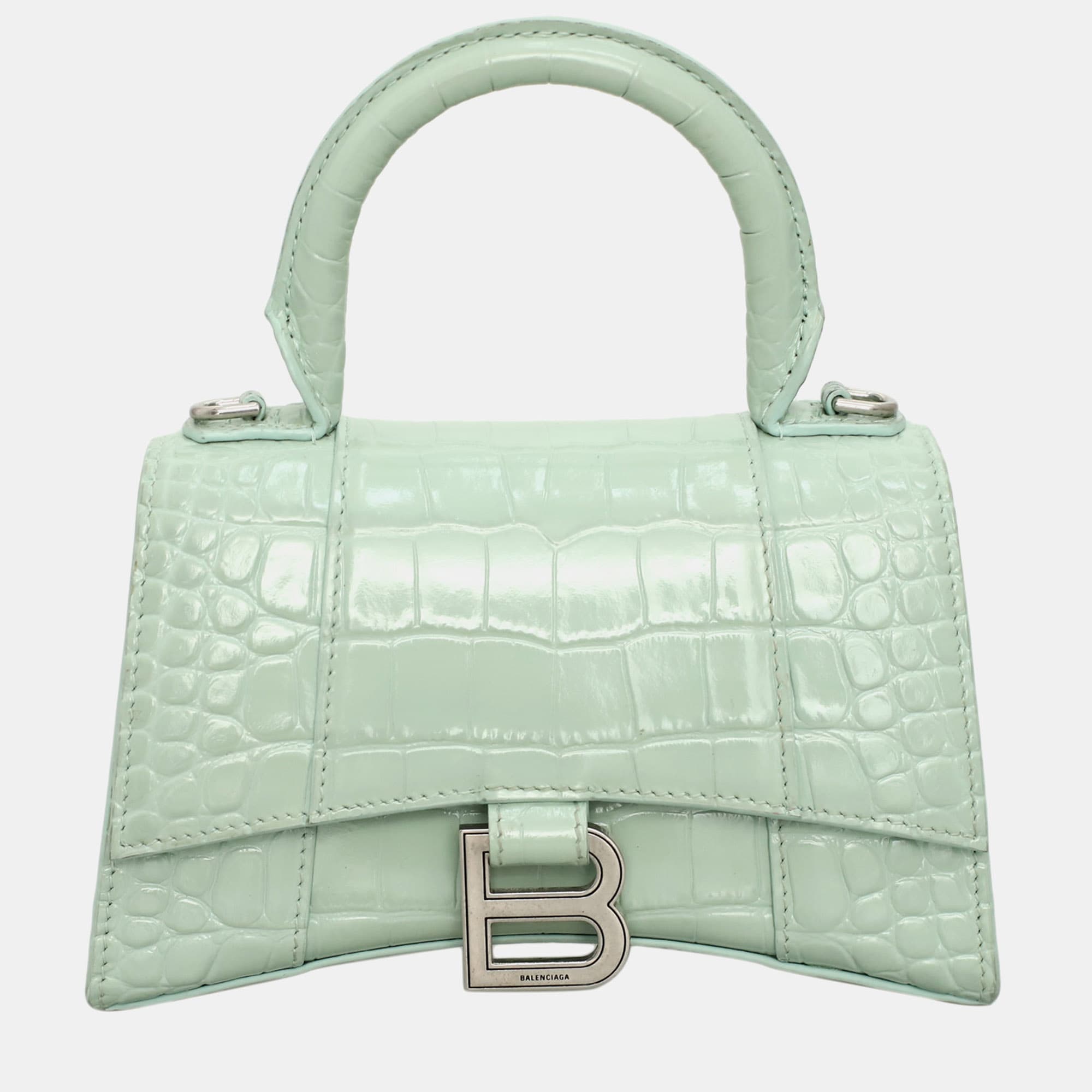 Balenciaga Hourglass XS Light Green Croc Embossed Calfskin Leather Top Handle Bag