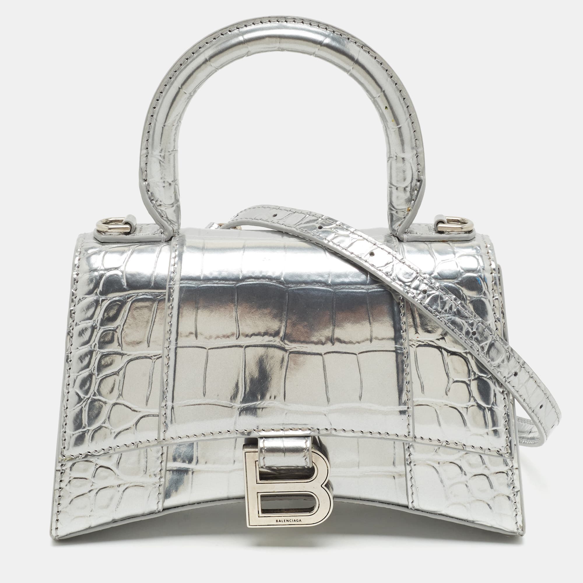 Balenciaga Hourglass XS Silver Croc Embossed Patent Leather Top Handle Bag