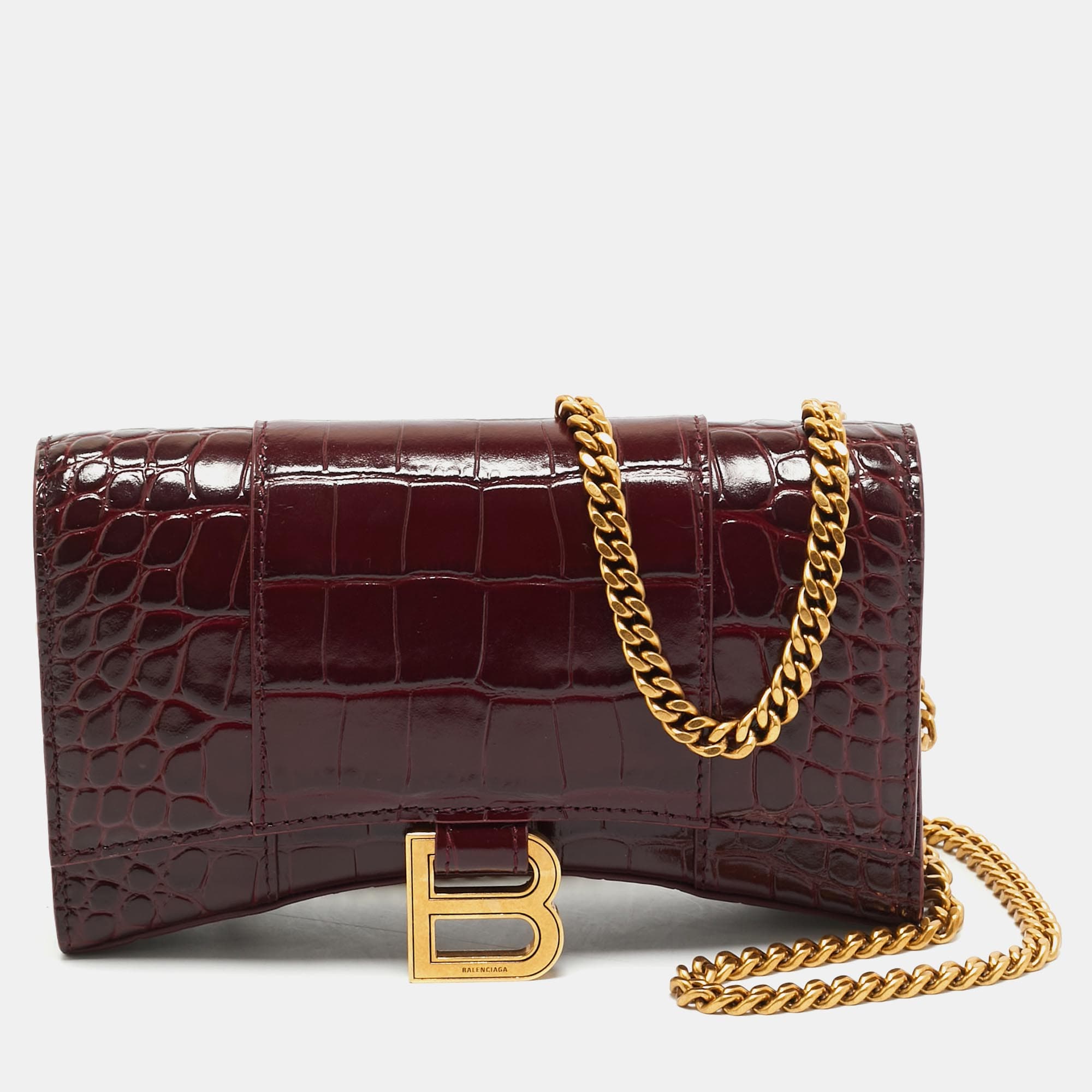 Balenciaga Hourglass Burgundy Croc Embossed Leather Wallet On Chain