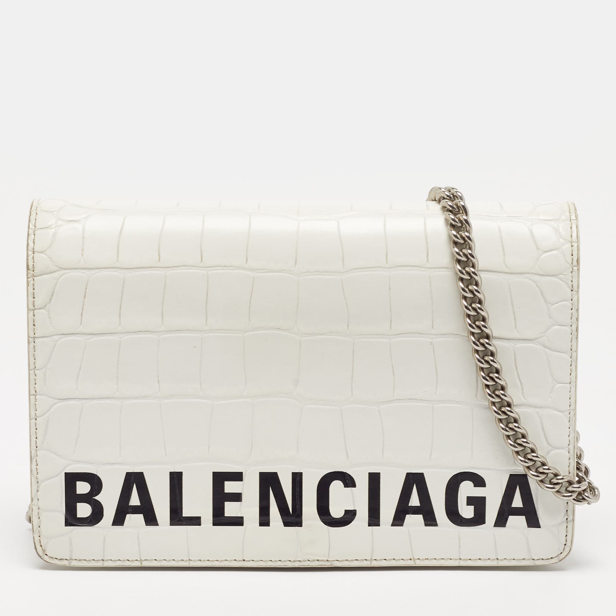 Balenciaga Ville White/Black Croc Embossed Leather Wallet On Chain