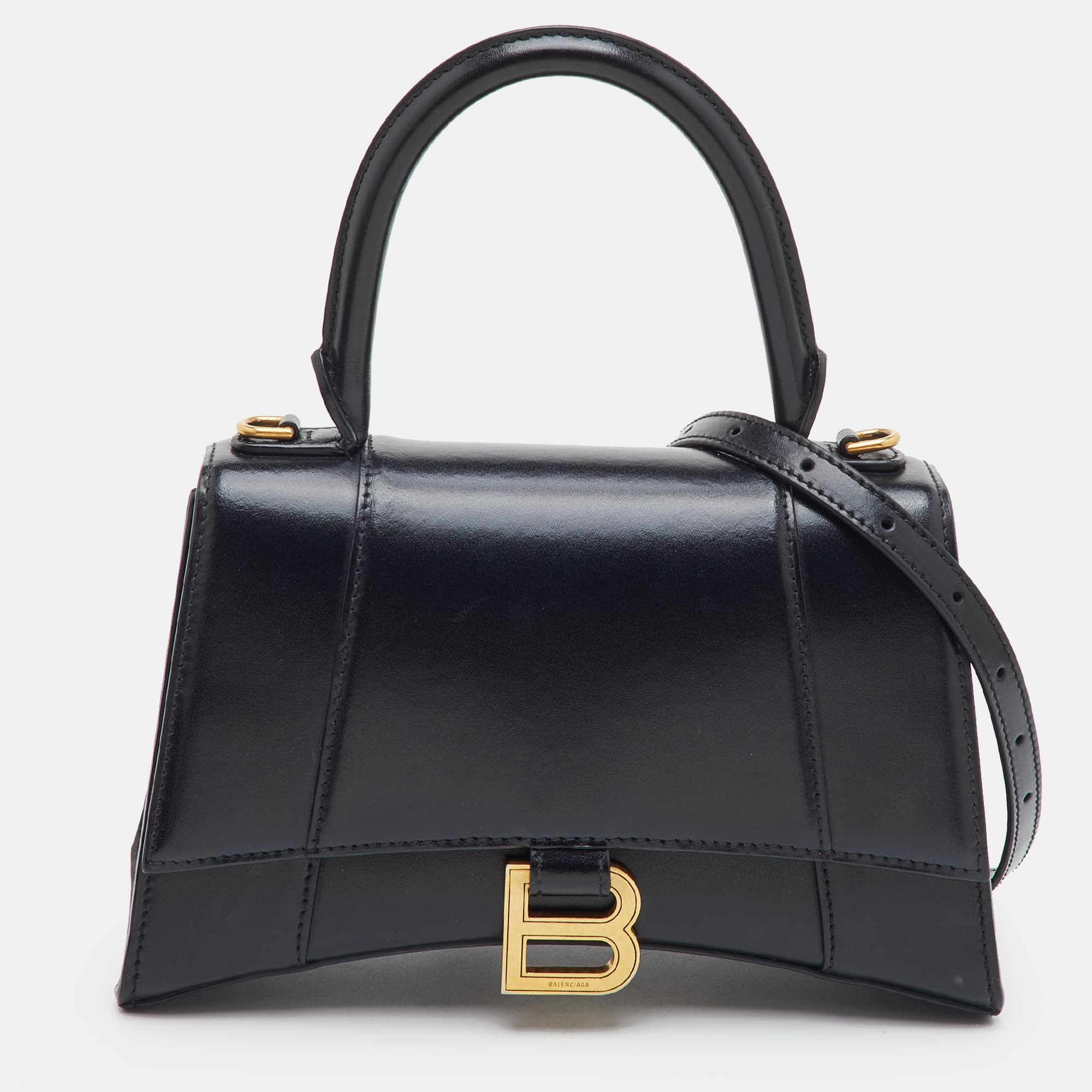 Balenciaga Hourglass Small Black Leather Top Handle Bag