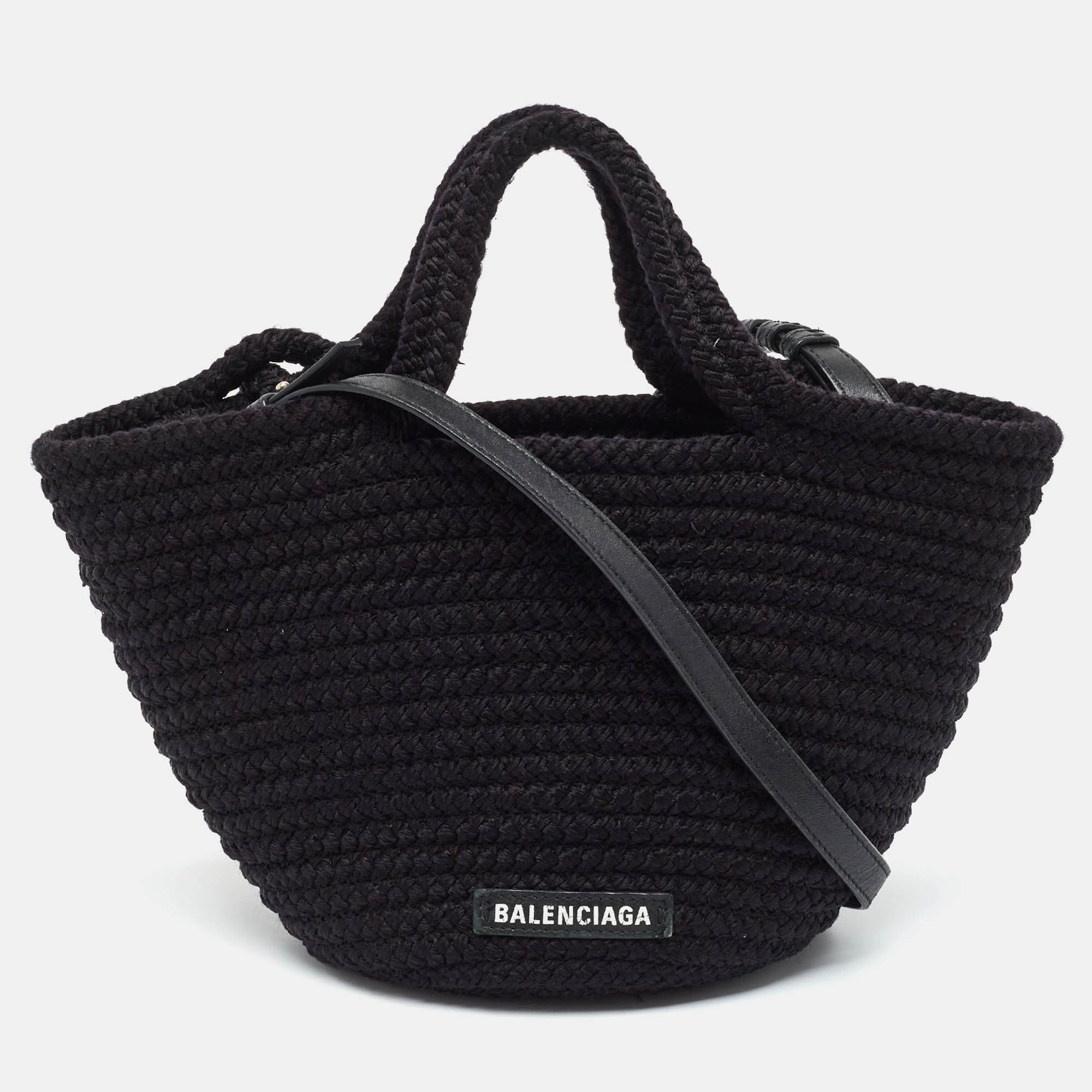 Balenciaga Ibiza Small Black Woven Nylon Cord Basket Tote