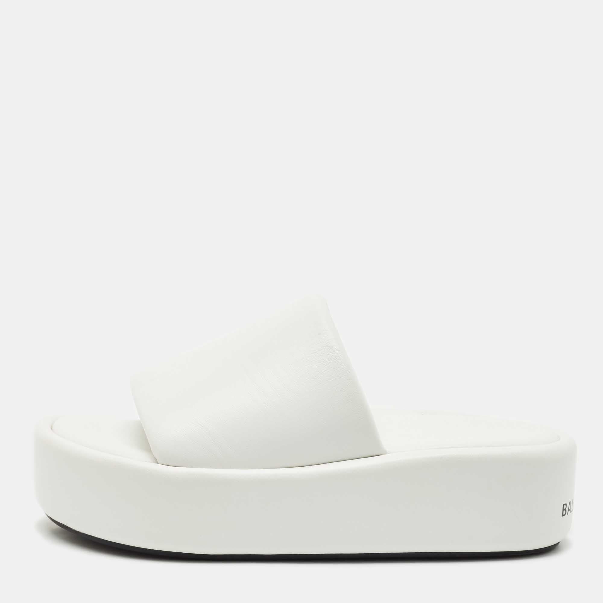 Balenciaga White Leather Rise Platform Slide Sandals Size 38