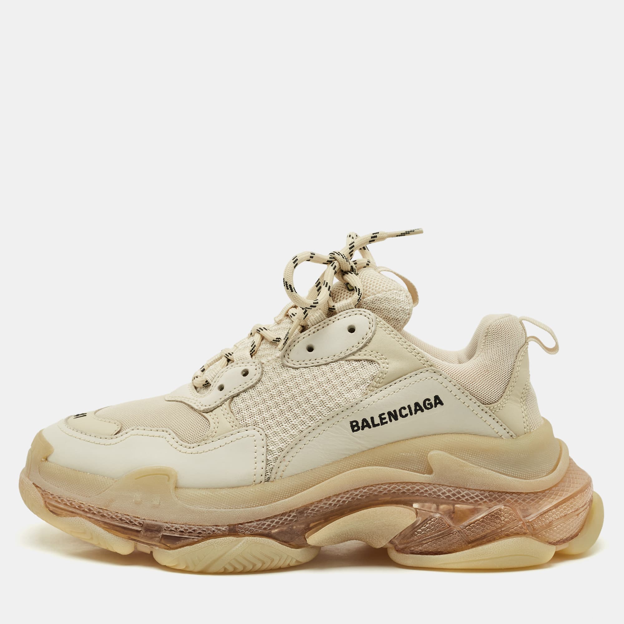 Balenciaga Triple S Clear Sole Size 41 Beige Leather and Mesh Low Top Sneakers