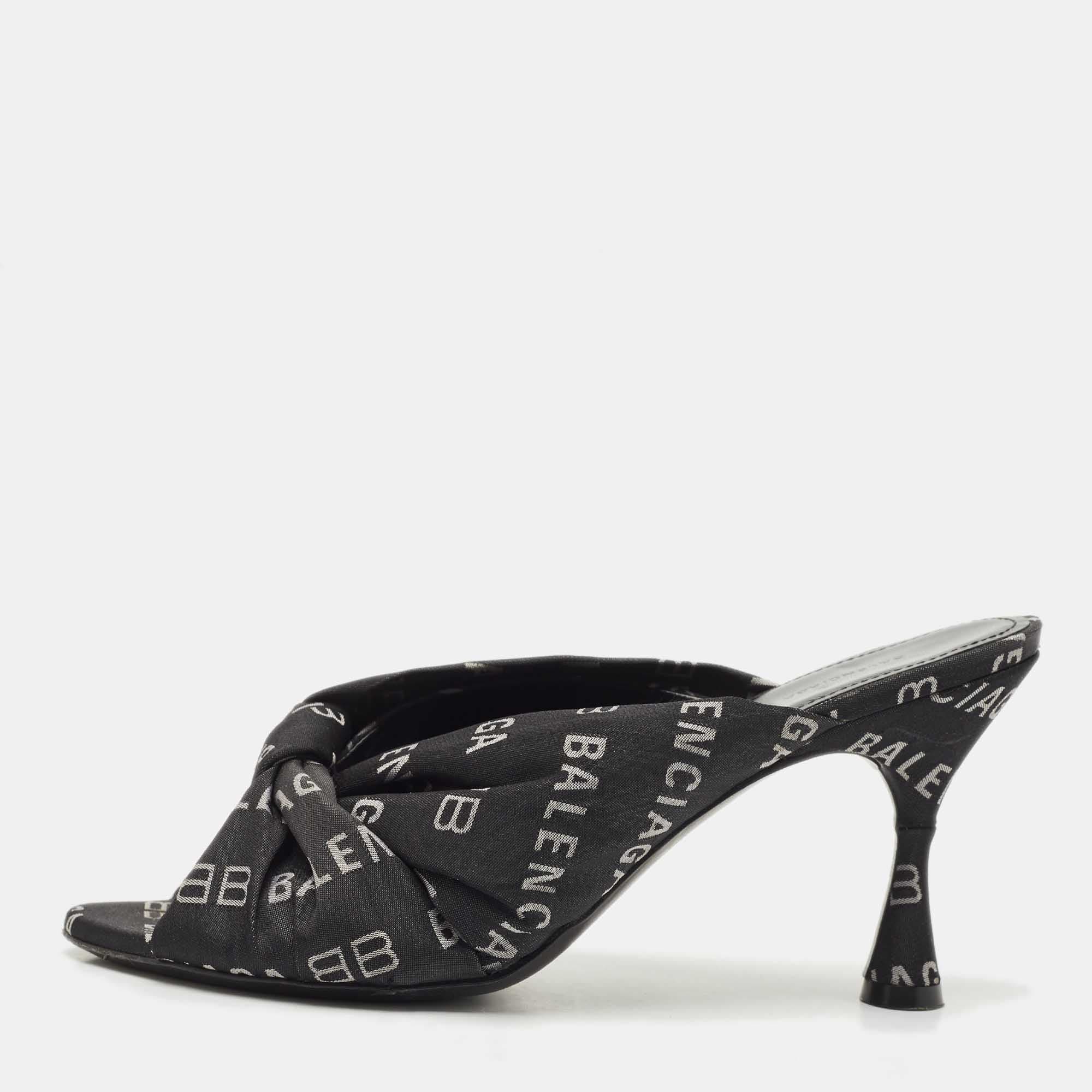 Balenciaga Black Fabric Logo Drapy Mules Size 38