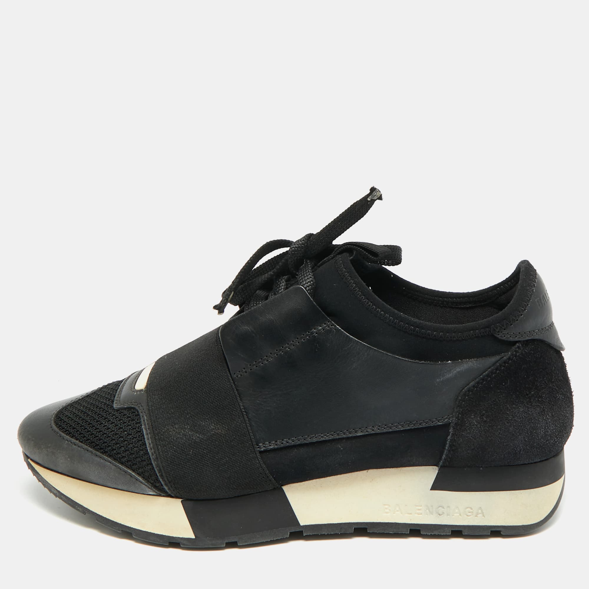 Balenciaga Race Runner Size 36 Black Mesh and Suede Low Top Sneakers