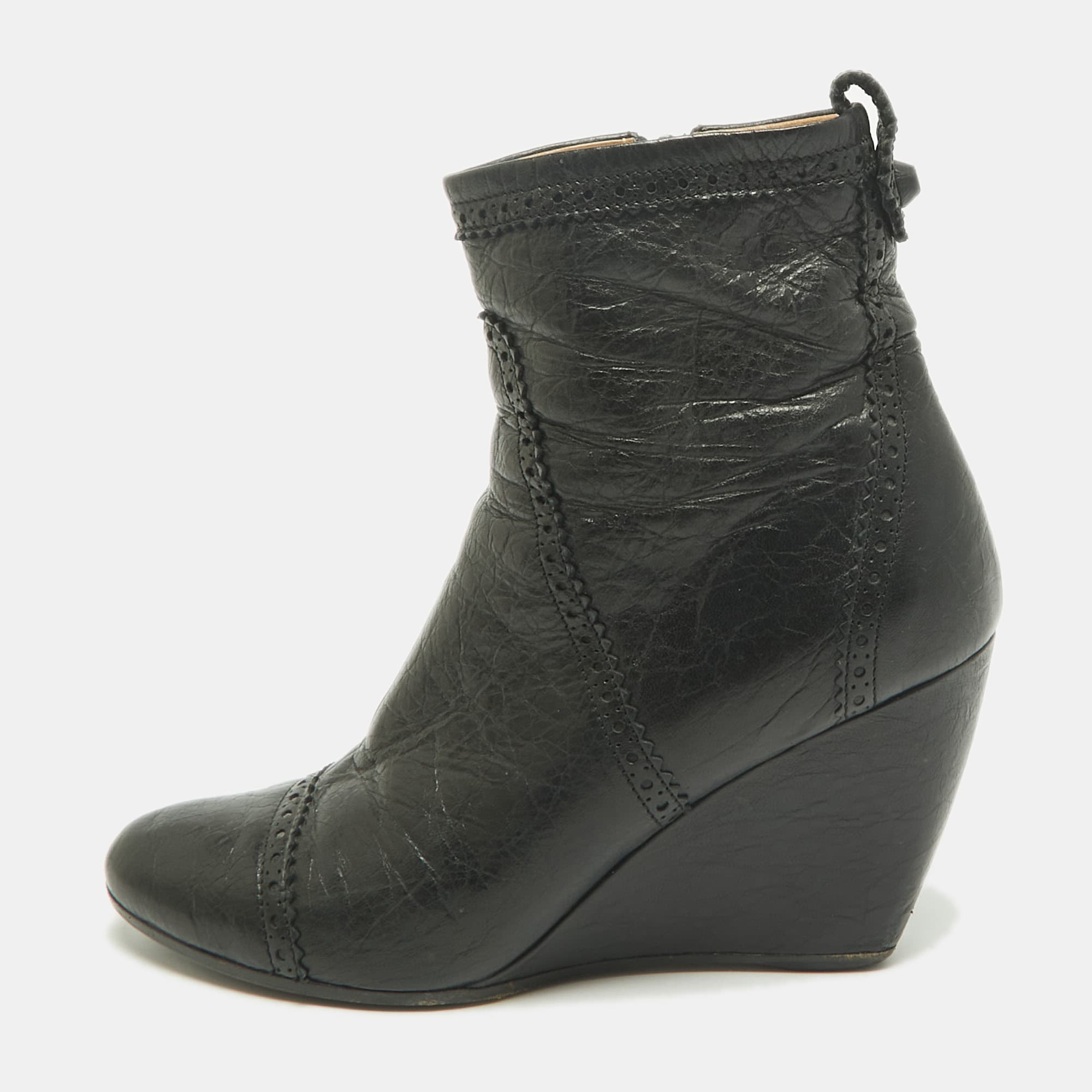 Balenciaga Size 36.5 Black Leather Wedge Ankle Length Boots