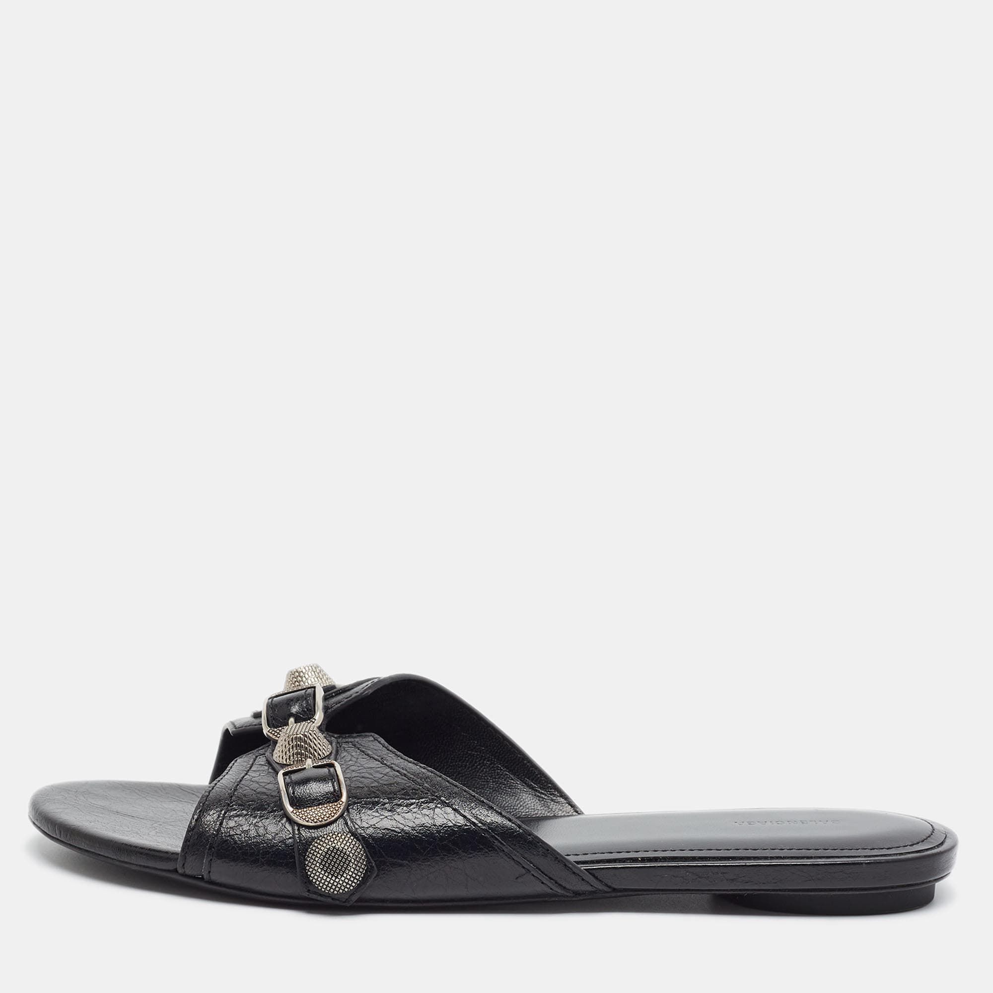 Balenciaga Le Cagole Size 40 Black Leather Flat Slides