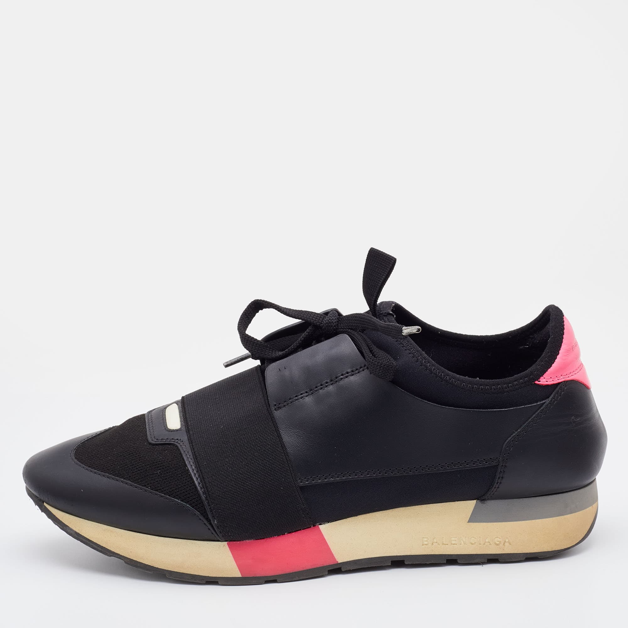 Balenciaga Race Runner Size 40 Black Knit Fabric and Leather Low Top Sneakers