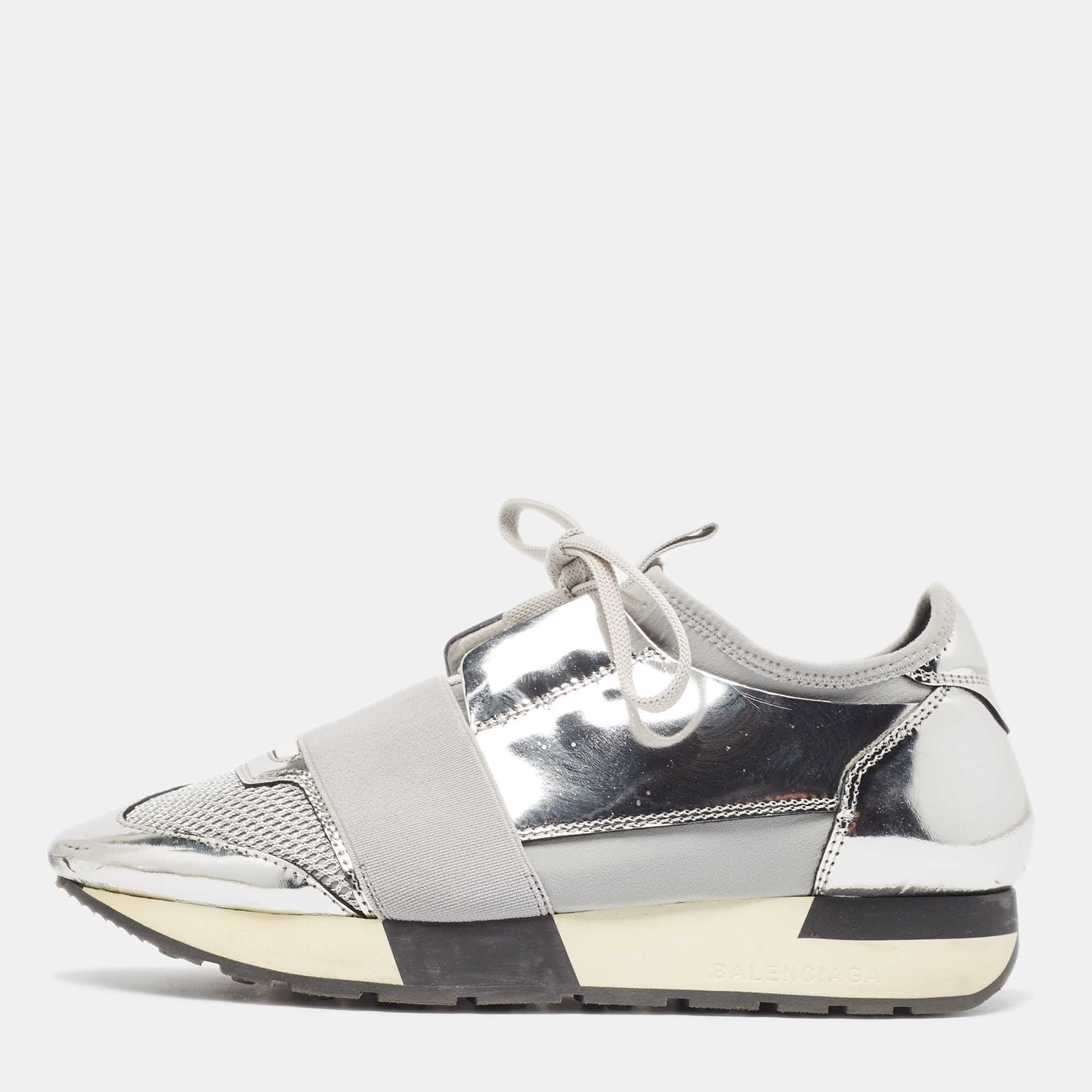 Balenciaga Race Runner Size 36 Silver Leather and Mesh Lace Up Sneakers
