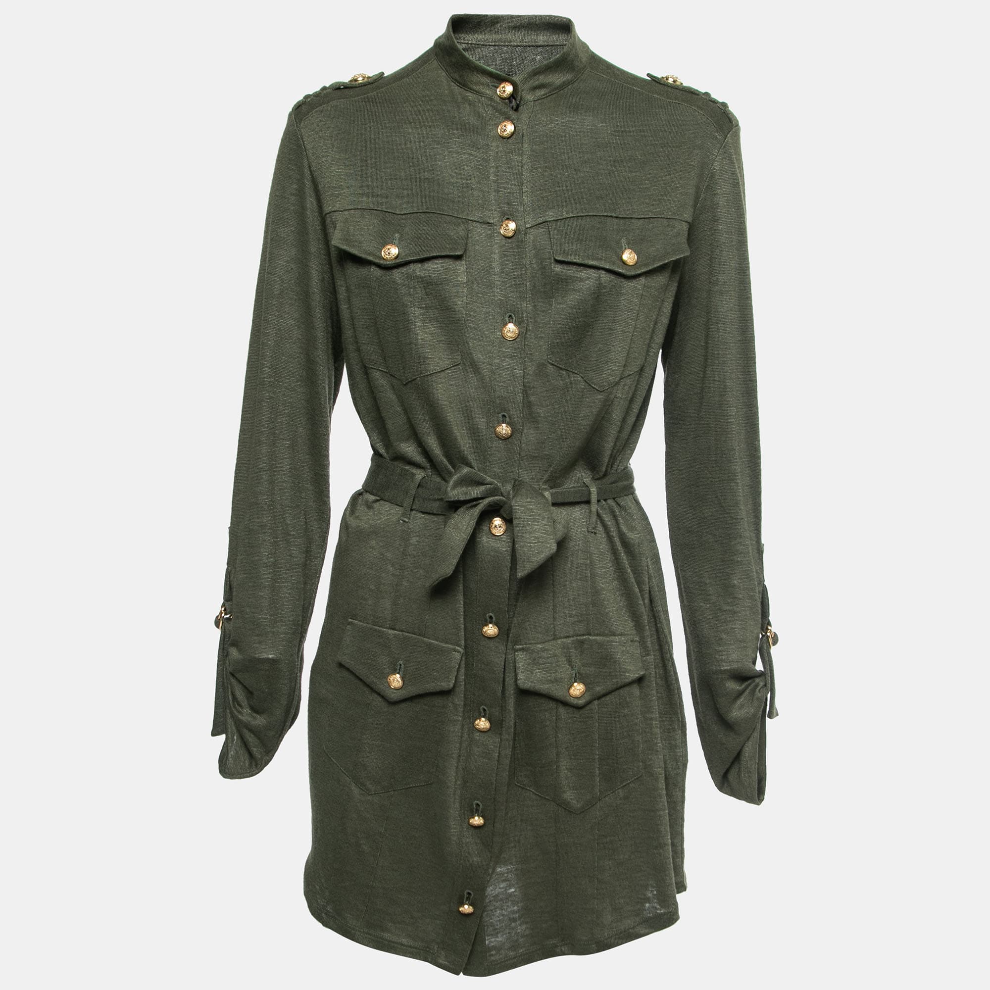 Balmain Kaki Green Knit Button-Embellished Belted Mini Dress M