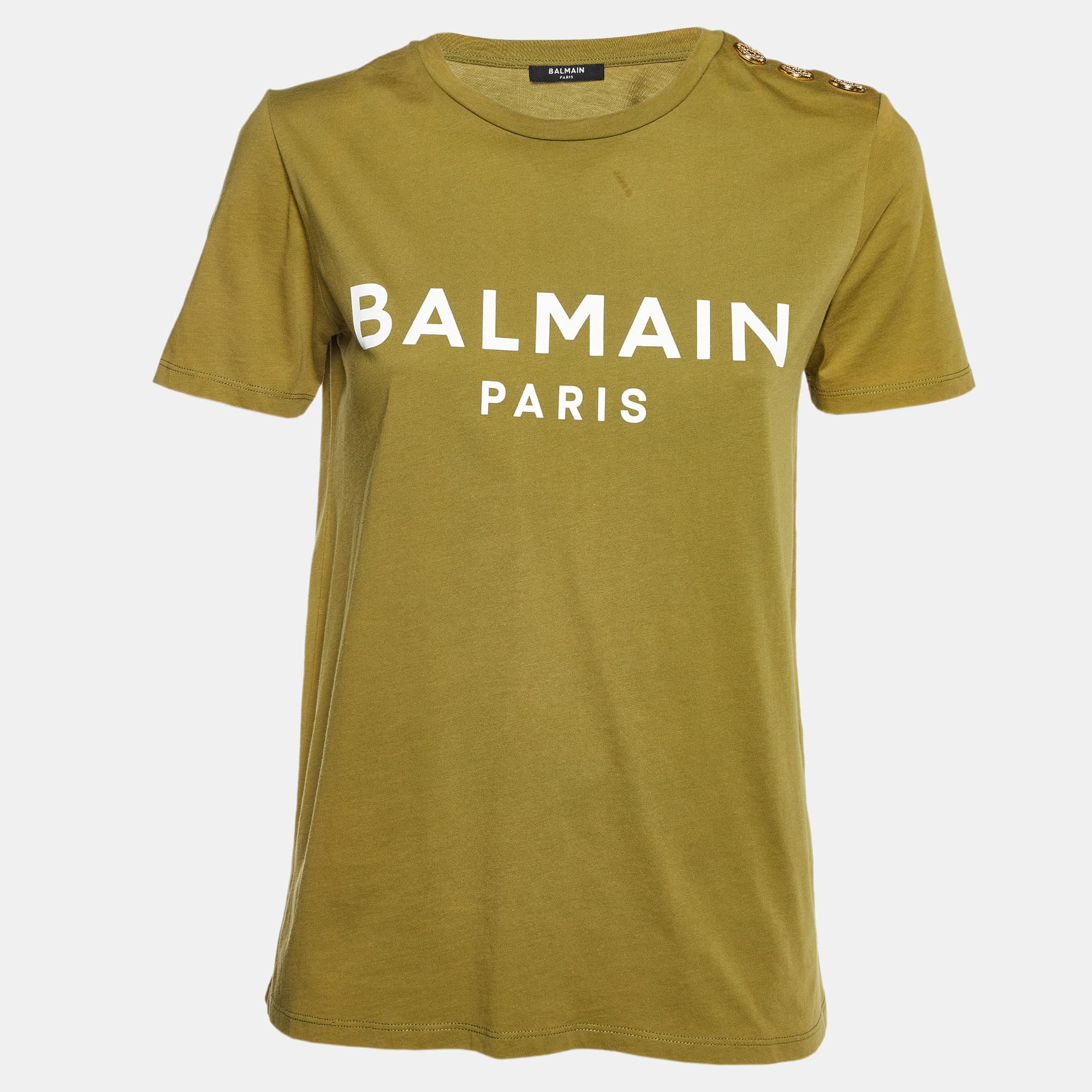 Balmain Green Logo Printed Cotton Buttons Detail Half Sleeve T-Shirt S