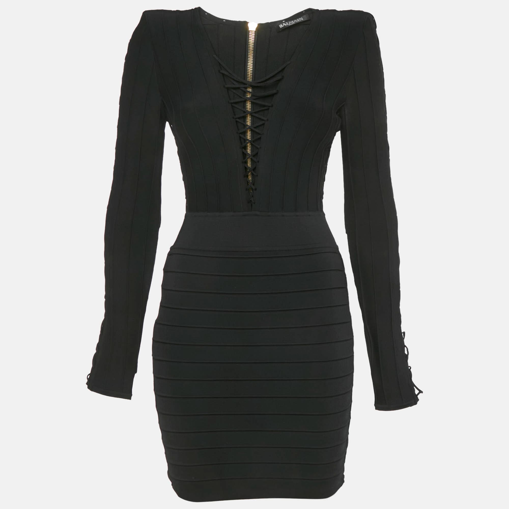 Balmain Black Knit Lace-Up Long Sleeve Mini Dress S