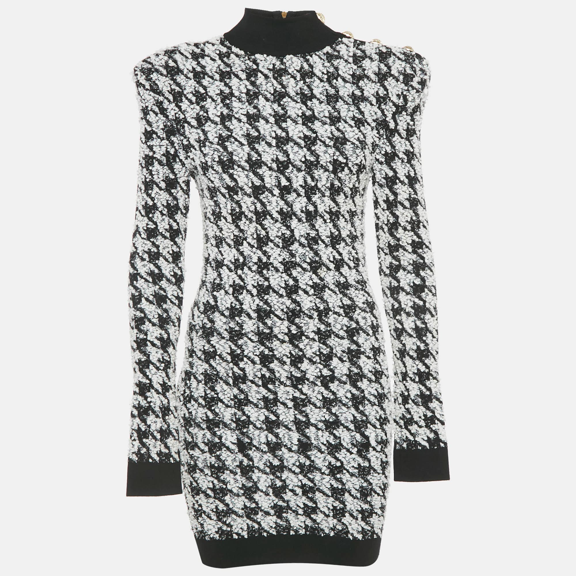 Balmain Black/White Houndstooth Tweed Bodycon Dress S