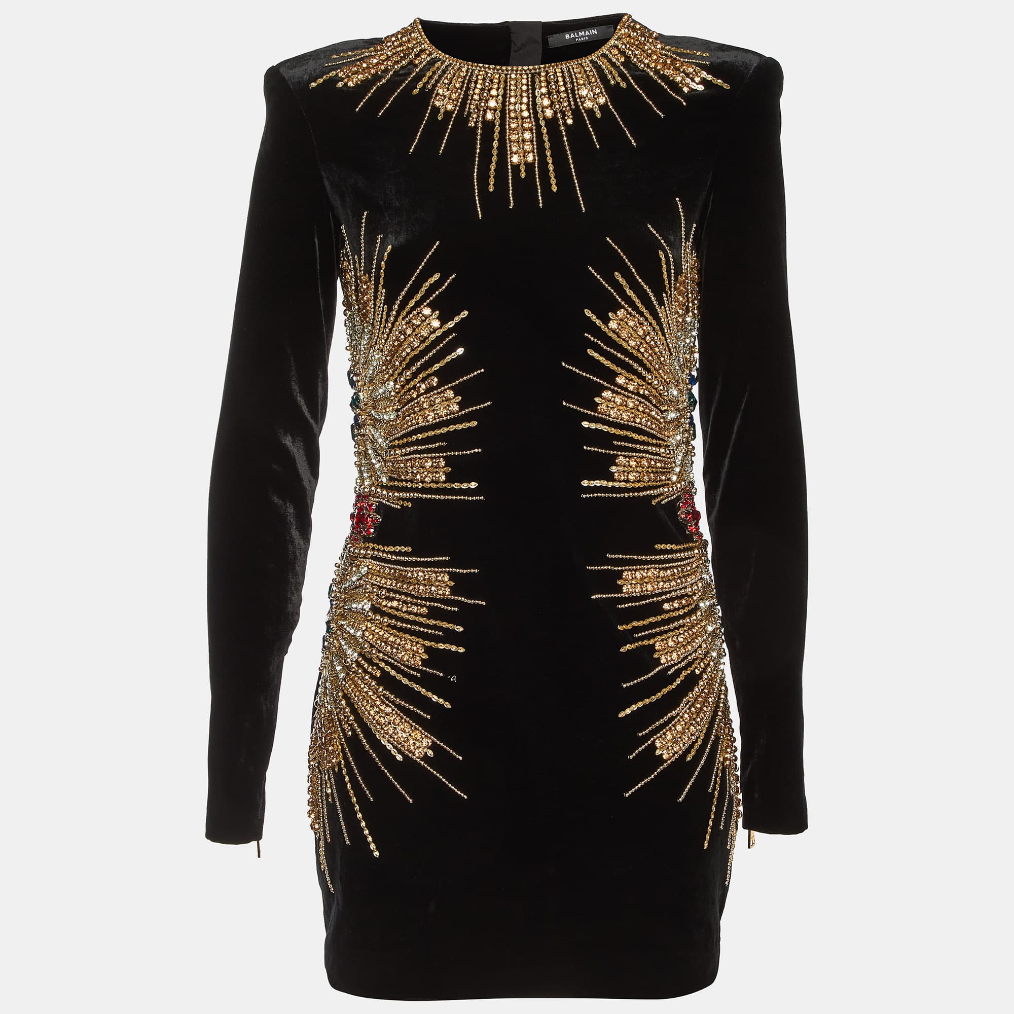 Balmain Black Velvet Embellished Mini Dress M