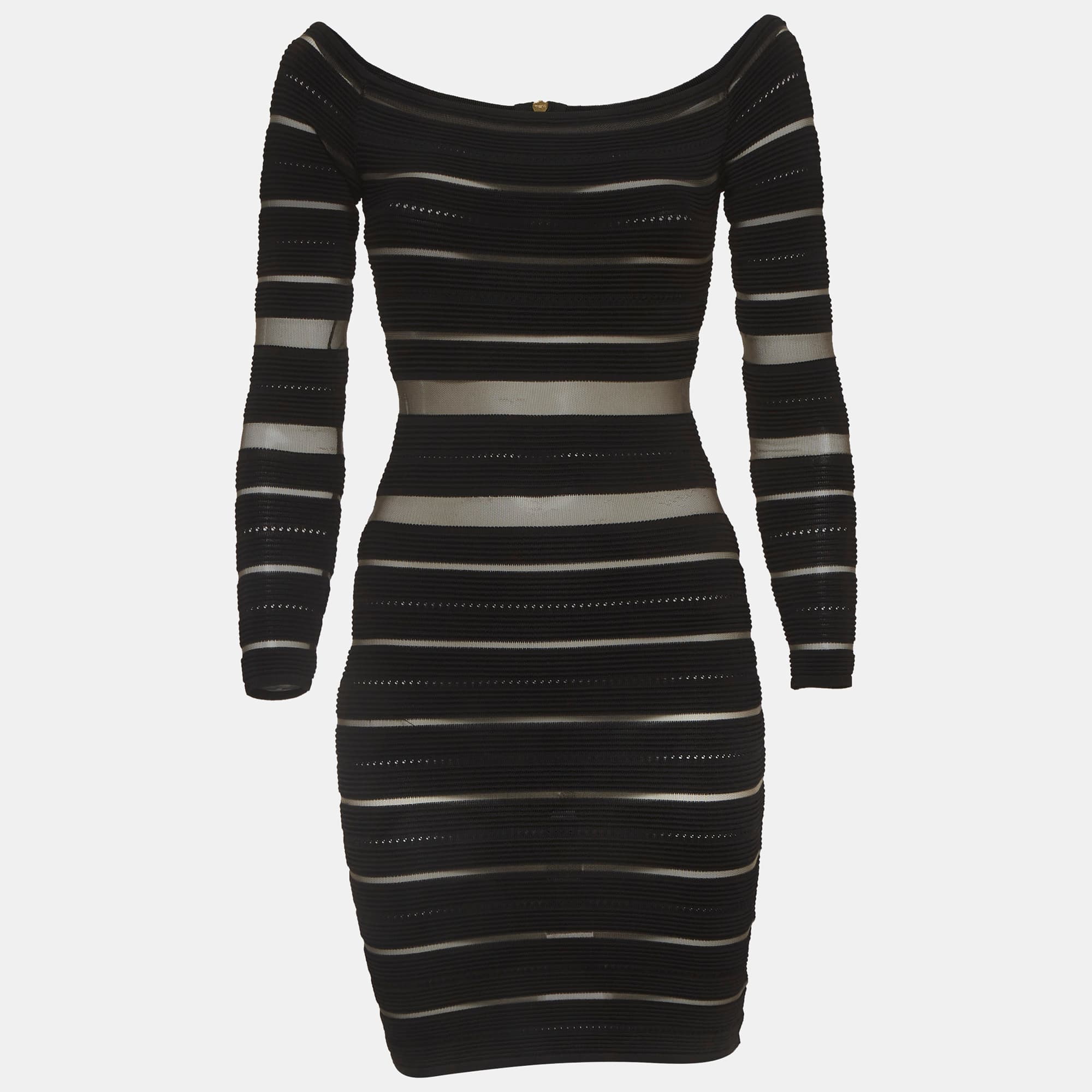 Balmain Black Sheer Striped Off-Shoulder Mini Dress S