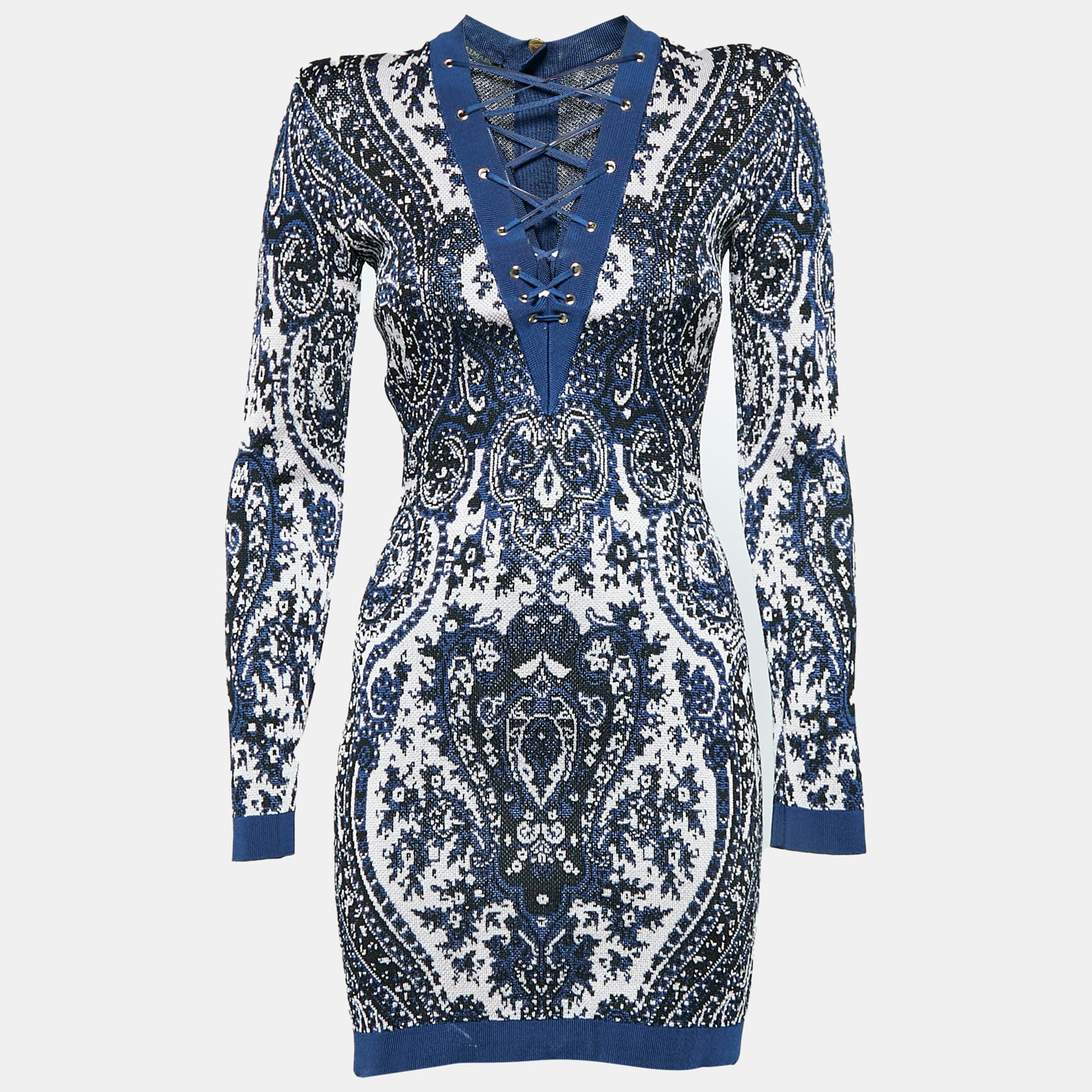 Balmain Blue Paisley Print Knit Lace-Up Mini Dress S