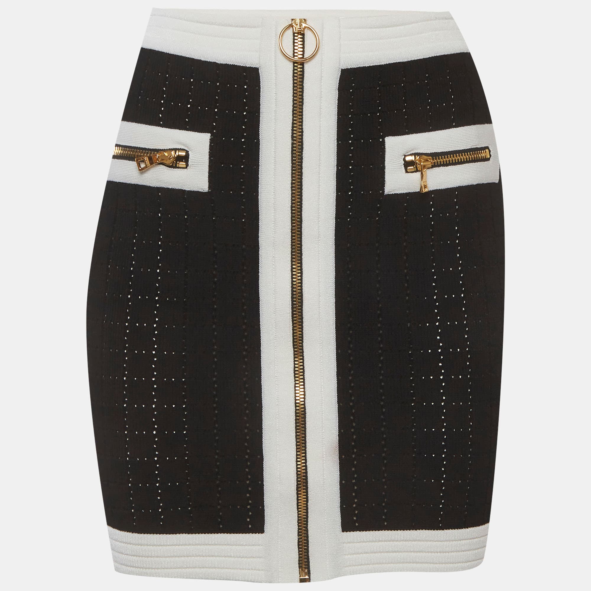 Balmain Black/White Stretch Knit Zip Up Mini Skirt S