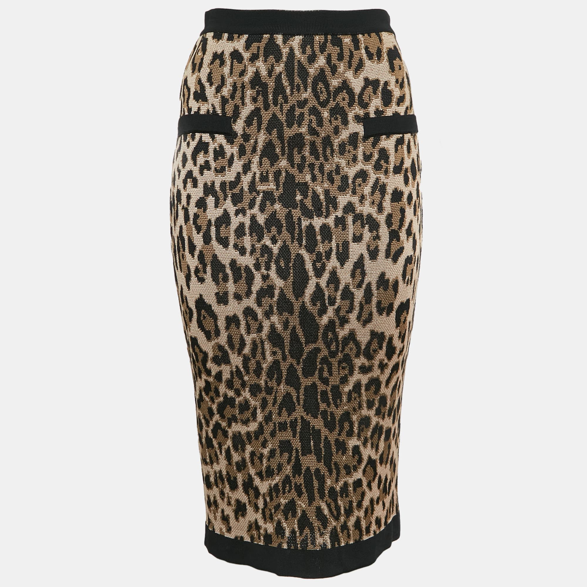 Balmain Brown Leopard Jacquard Pencil Skirt S