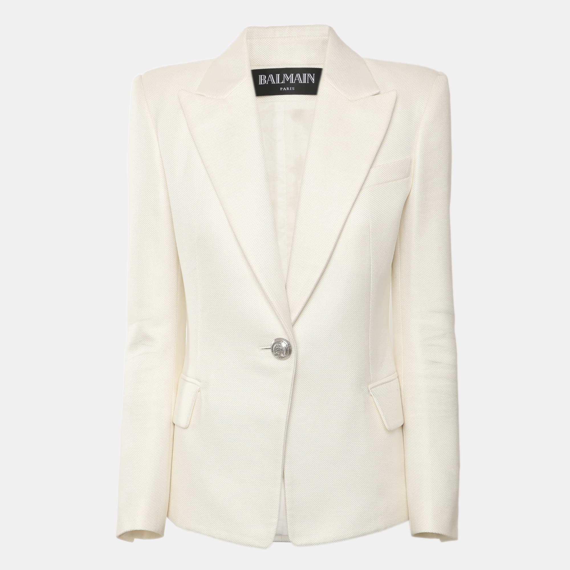 Balmain White Cotton and Silk Woven Single Breasted Blazer S