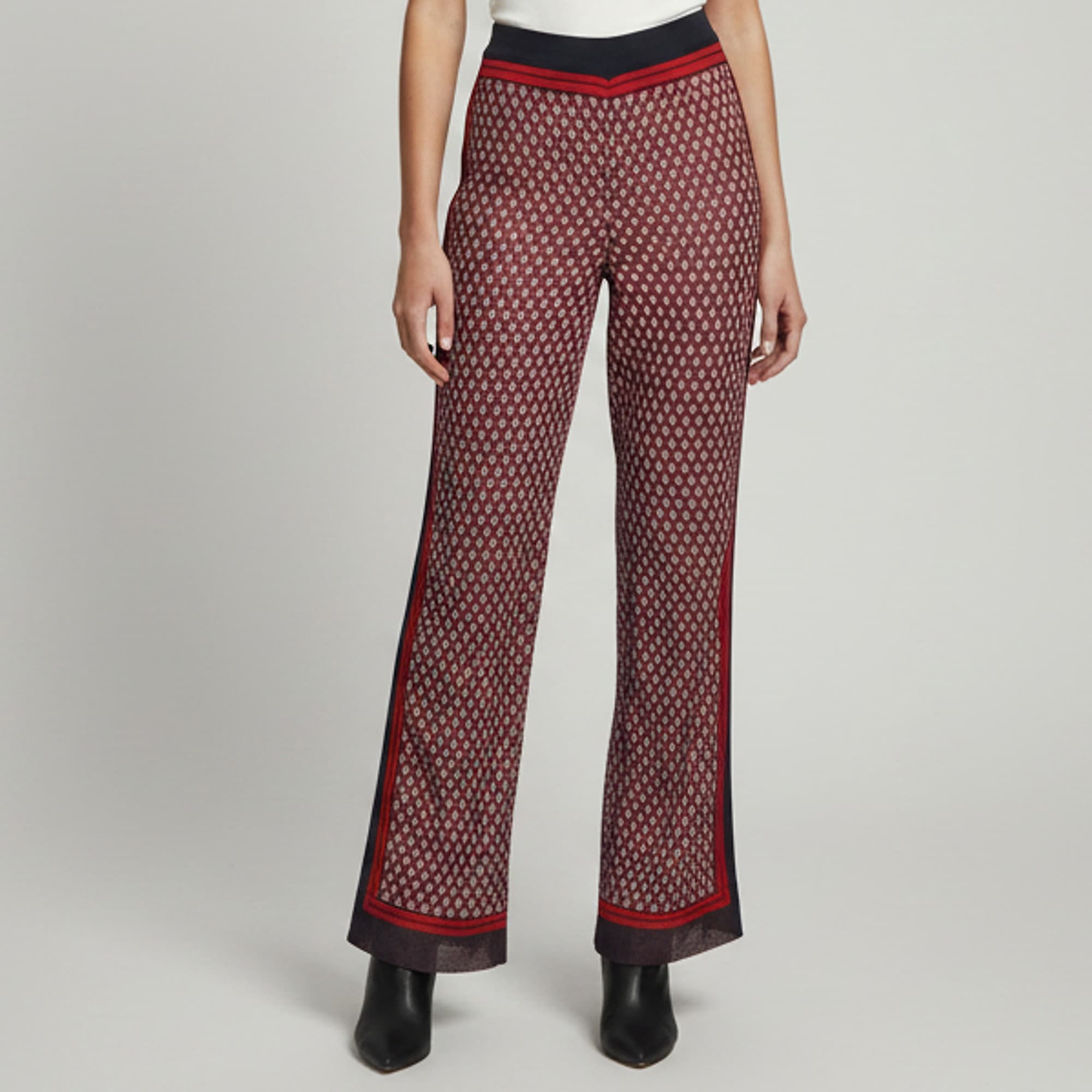 Balmain Red Monogram Jacquard Knit Wide Leg Trousers S