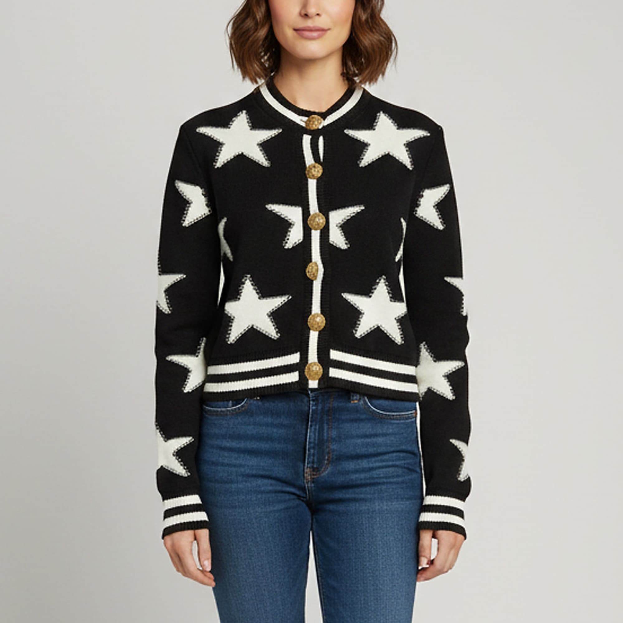 Balmain Black Star Print Knit Long Sleeve Cardigan S