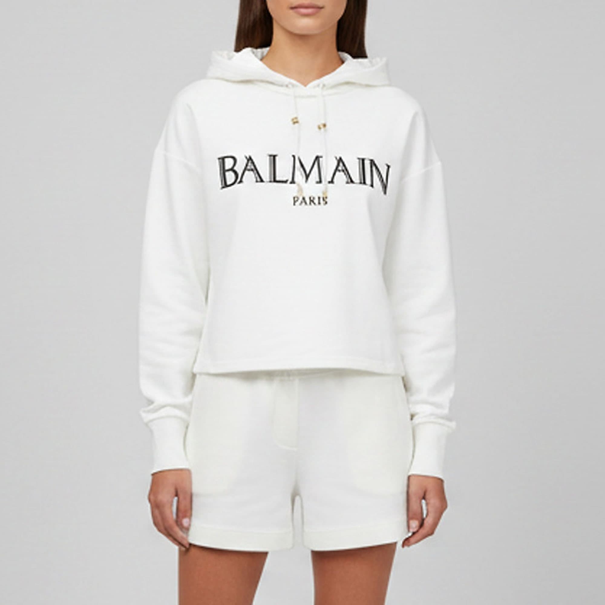 Balmain White Jersey Logo Embossed Hoodie XS