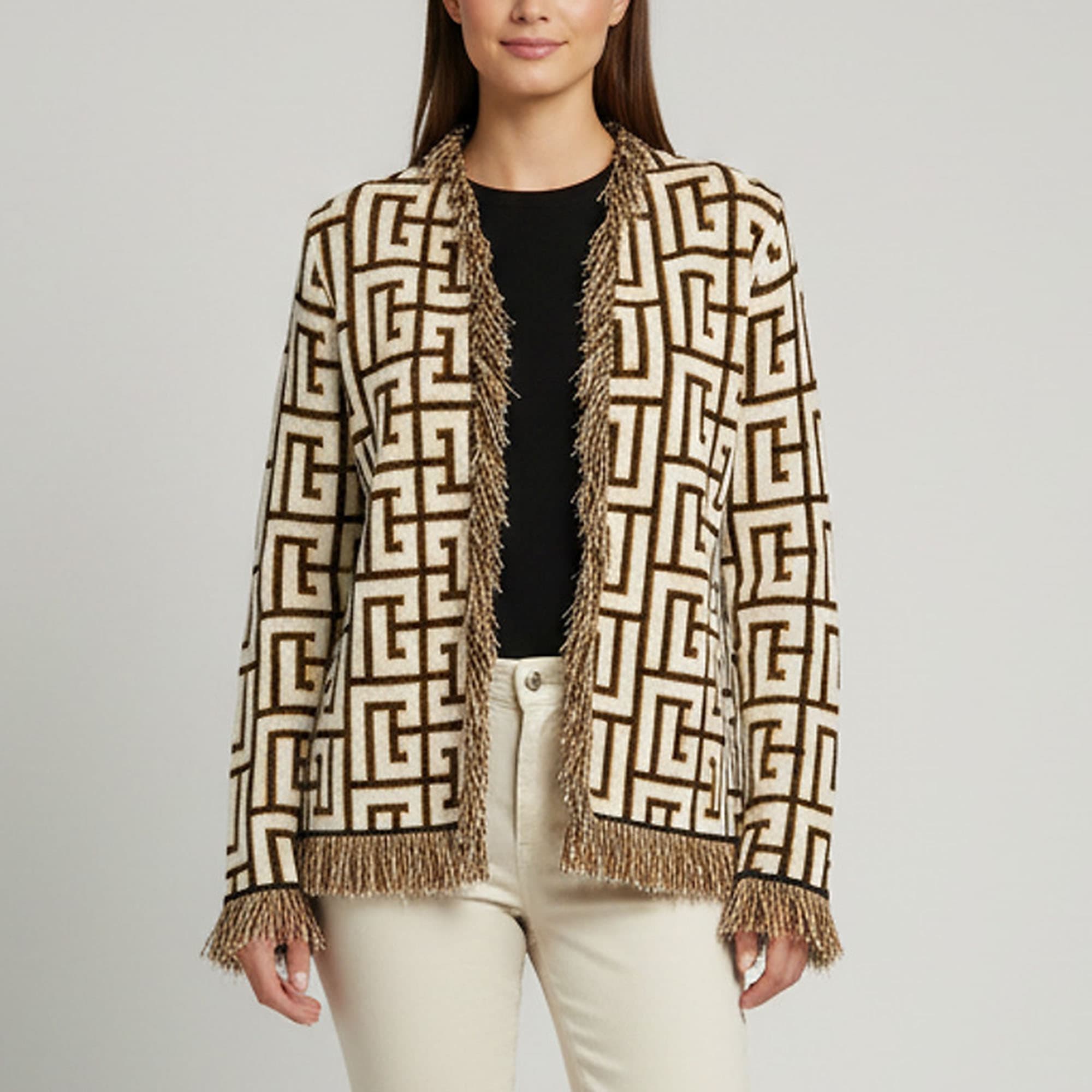 Balmain White Monogram Jacquard Knit Fringed Cardigan S